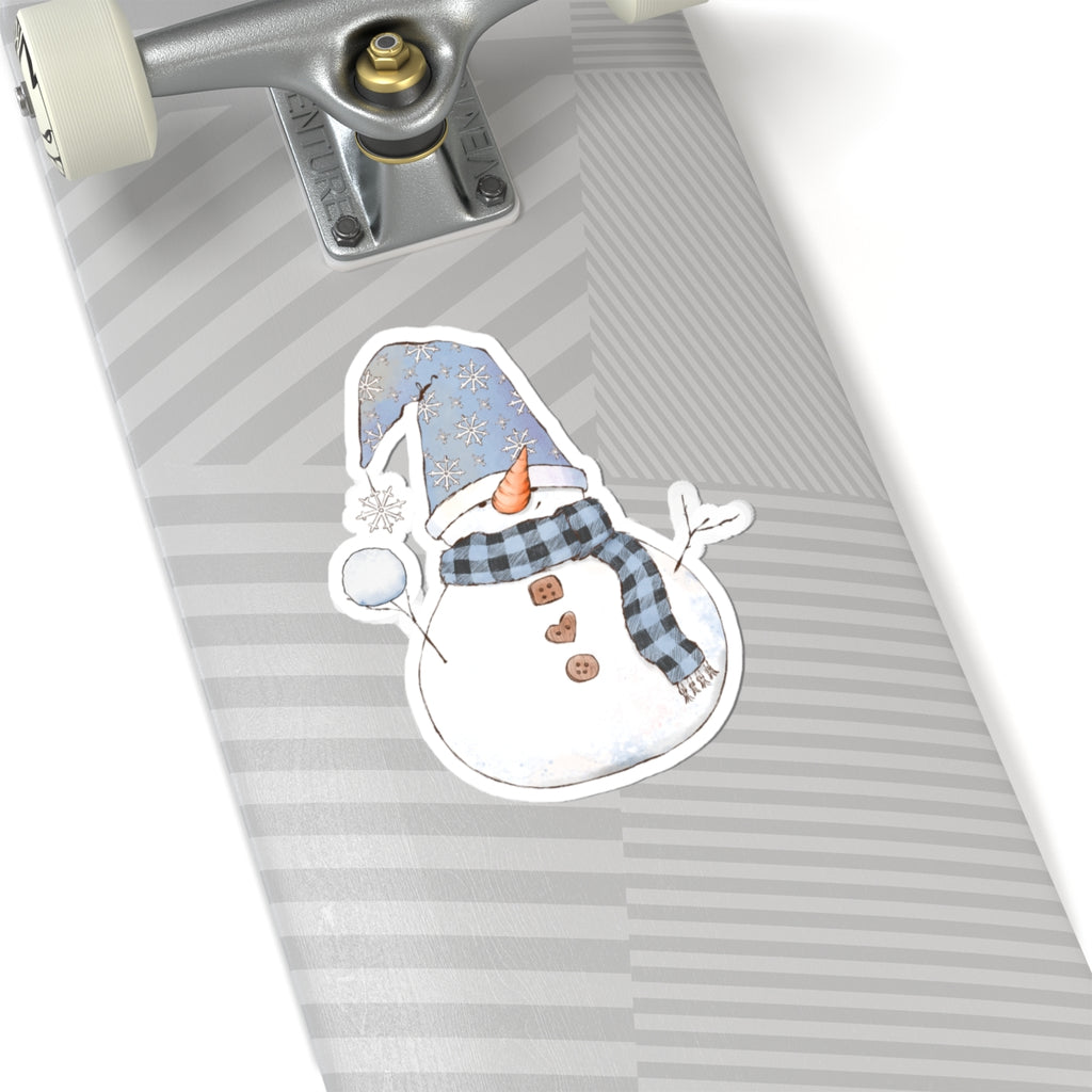 Snowman Sticker | Cozy Winter Vinyl Decal | Snowball Throwing Snowman with Blue Hat & Buffalo Plaid Scarf