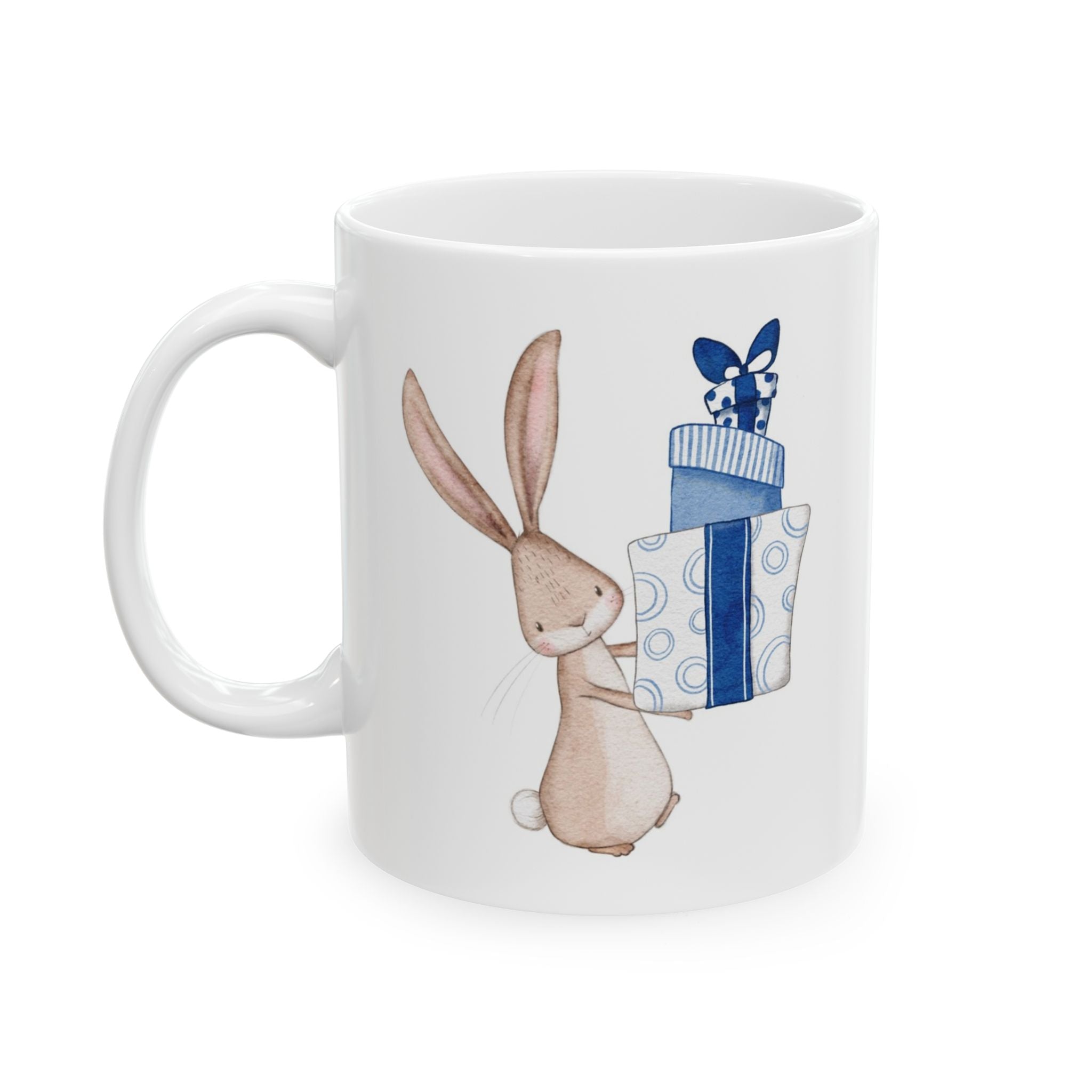 Bunny Holding Blue Presents Hot Cocoa Recipe Mug | Cozy Christmas Ceramic Cup | Festive Winter Drinkware