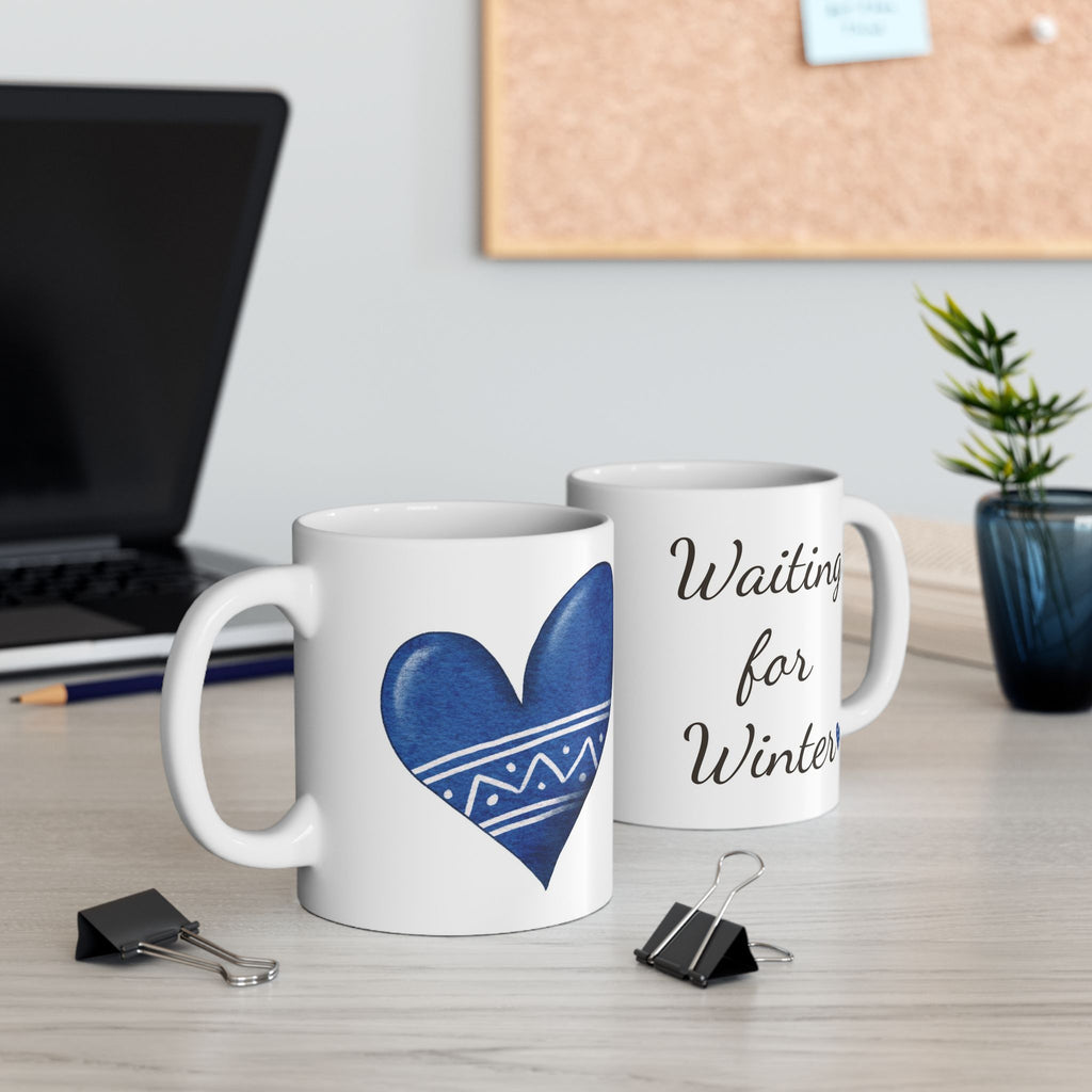 Waiting for Winter Mug | Blue Heart Winter Coffee Cup | Cozy Seasonal Ceramic Mug