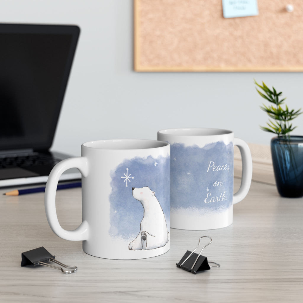 Polar Bear Snowy Night Mug | ‘Peace on Earth’ Winter Coffee Cup | Cozy Holiday Ceramic Mug