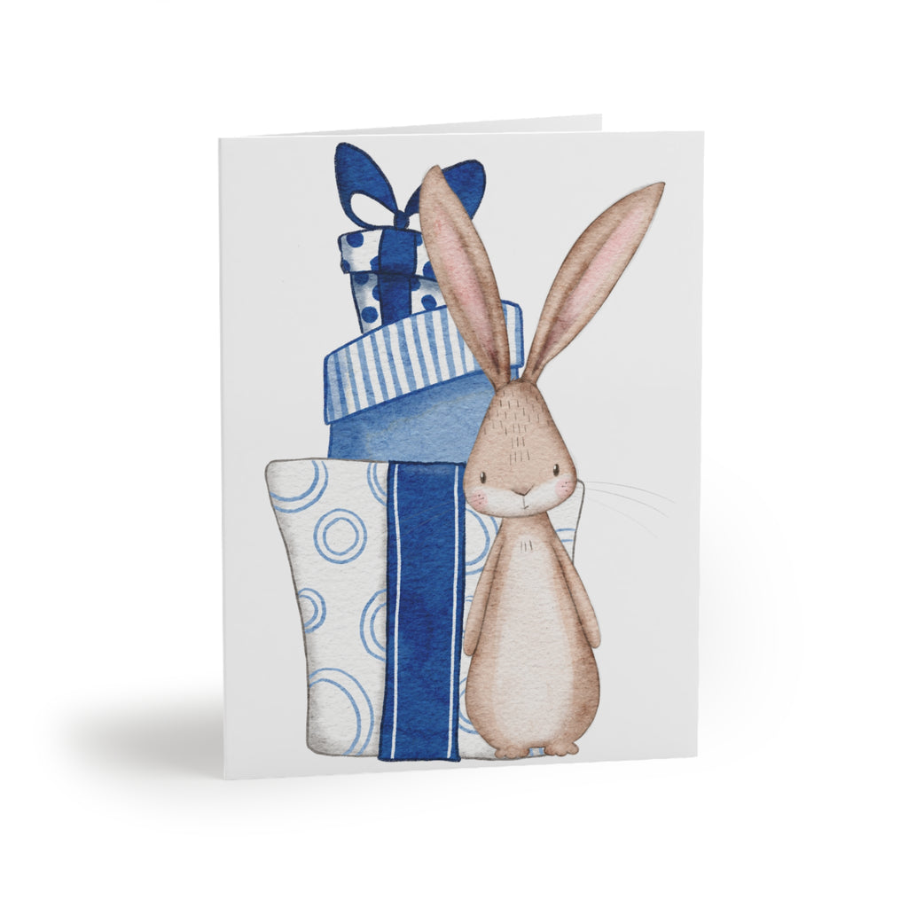 Bunny with Blue Presents Greeting Card | Cozy Christmas Card | Woodland Winter Holiday Design