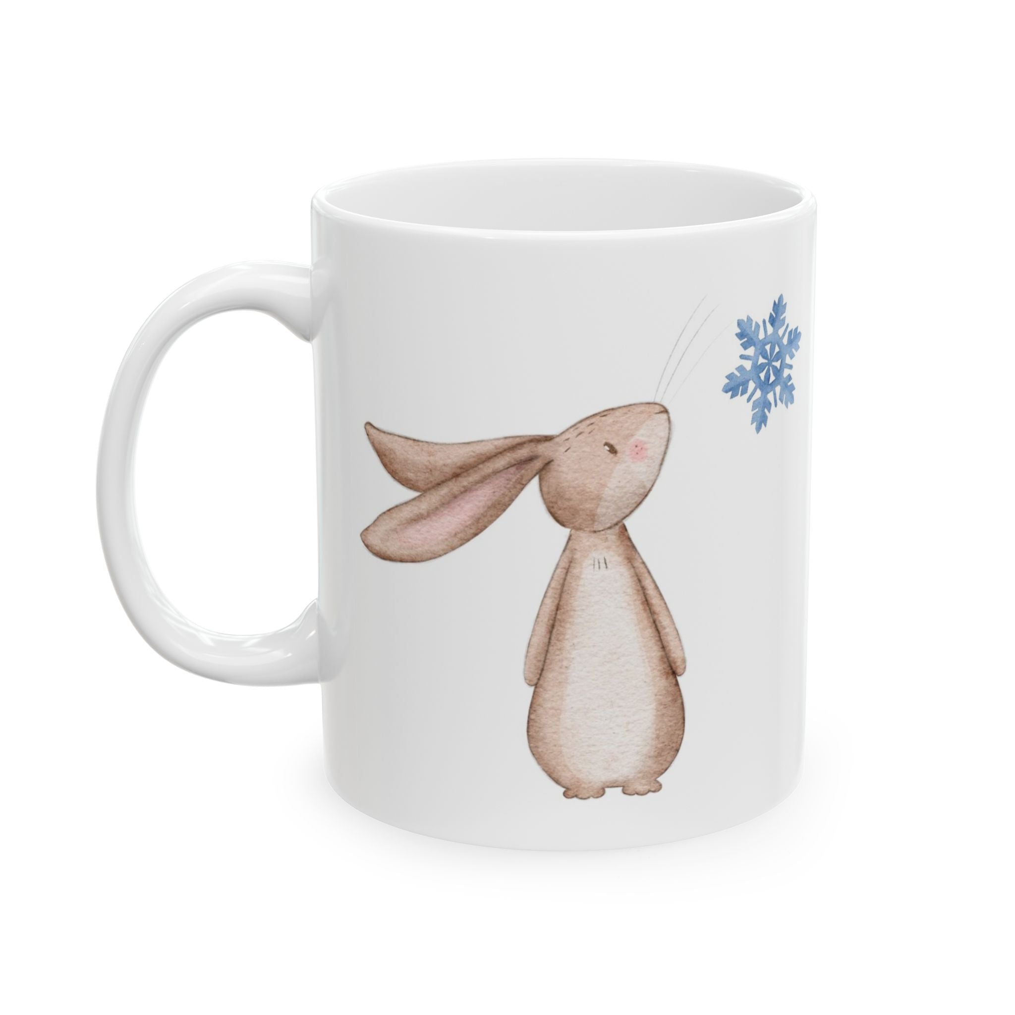 Bunny Looking at Blue Snowflake Hot Cocoa Recipe Mug | Cozy Christmas Ceramic Cup | Winter Holiday Drinkware
