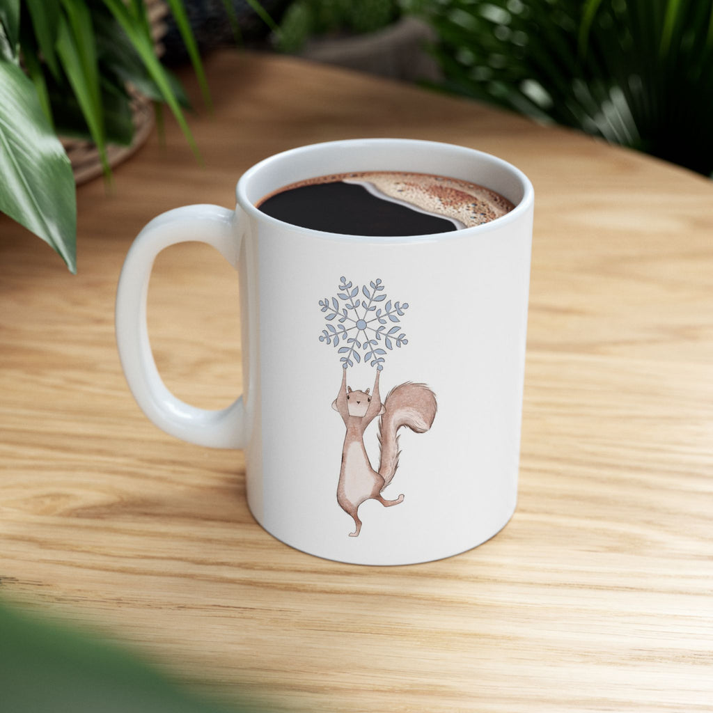 Squirrel Snowflake Mug | ‘Catching Snowflakes’ Winter Coffee Cup | Cozy Holiday Ceramic Mug