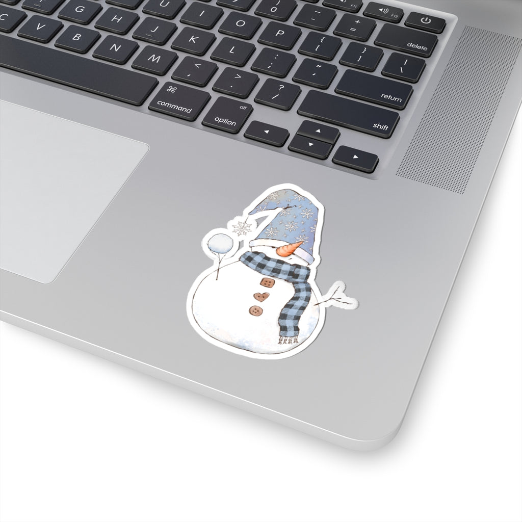 Snowman Sticker | Cozy Winter Vinyl Decal | Snowball Throwing Snowman with Blue Hat & Buffalo Plaid Scarf