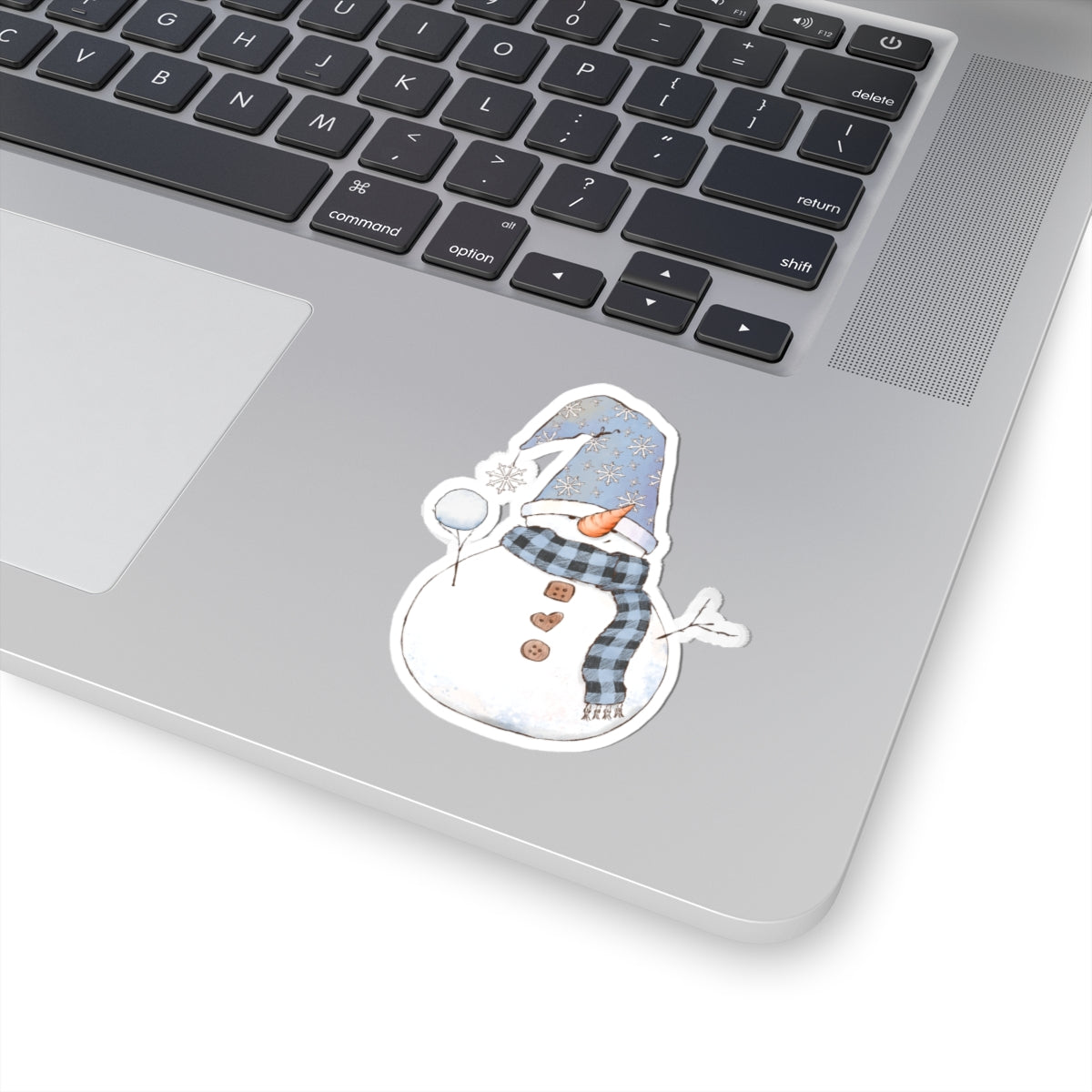 Snowman Sticker | Cozy Winter Vinyl Decal | Snowball Throwing Snowman with Blue Hat & Buffalo Plaid Scarf