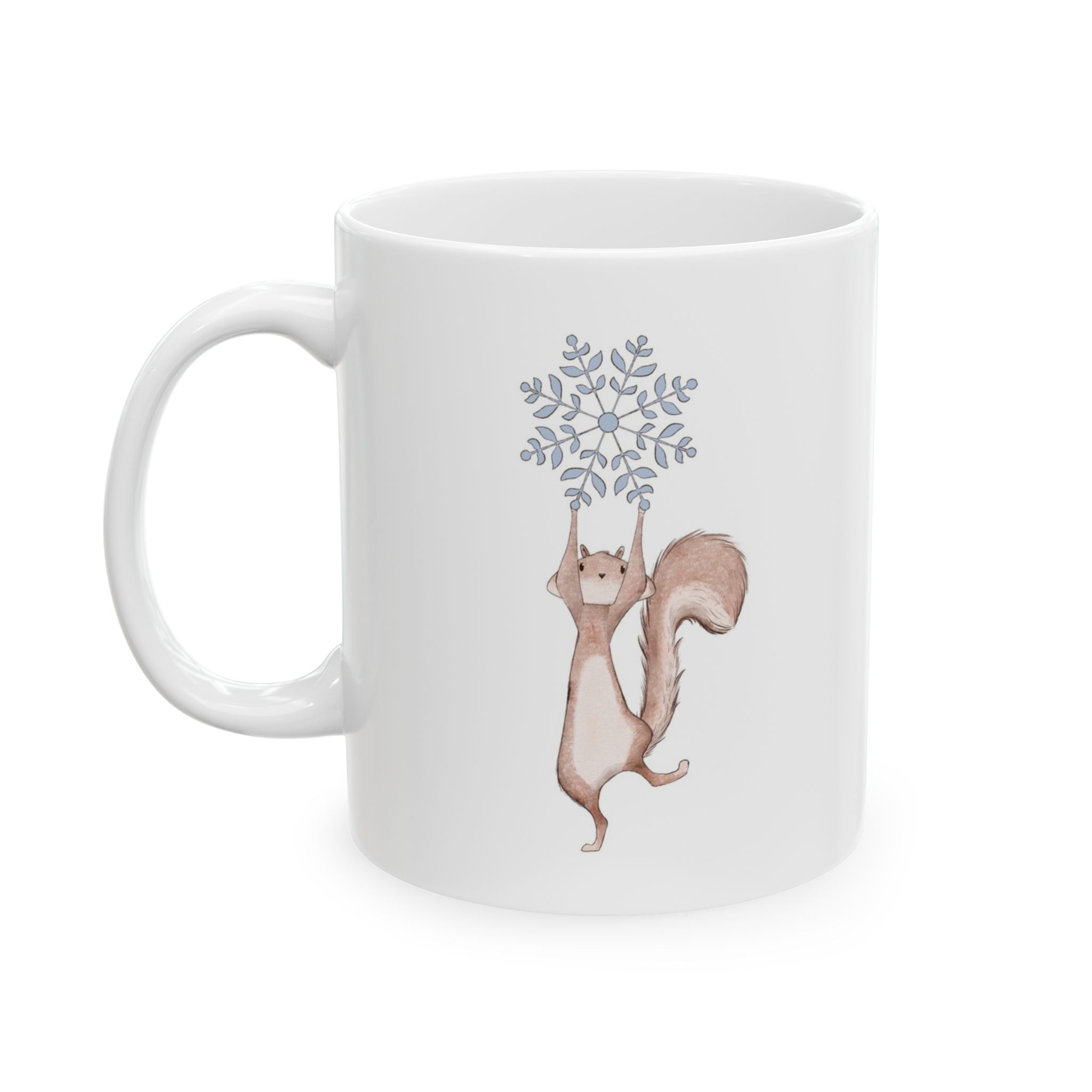 Squirrel Snowflake Mug | ‘Catching Snowflakes’ Winter Coffee Cup | Cozy Holiday Ceramic Mug