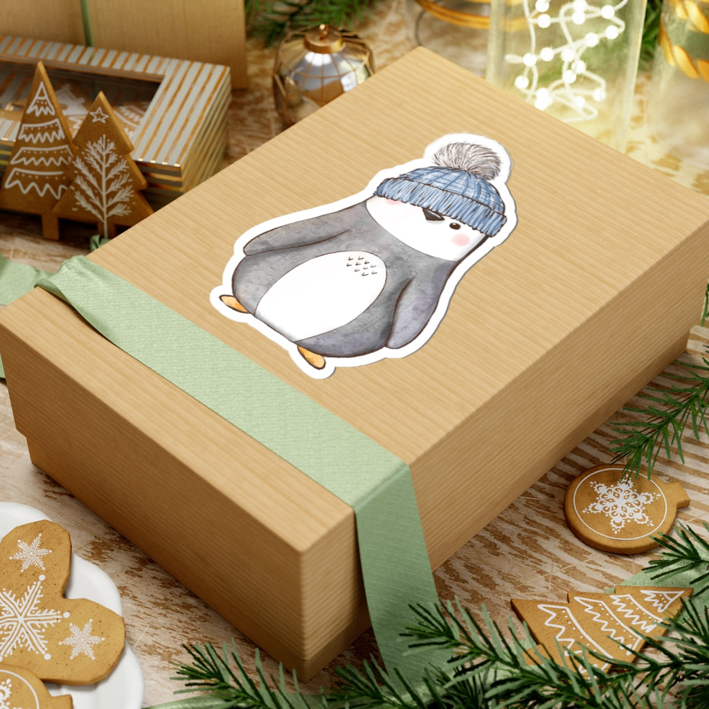 Penguin Sticker | Blue Stocking Cap | Cozy Christmas Vinyl Decal | Festive Holiday Penguin Design