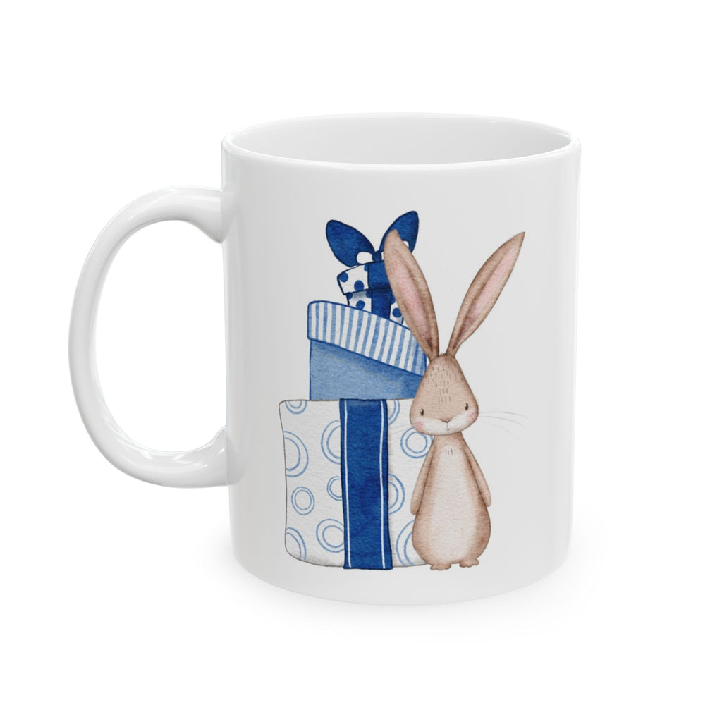 Bunny with Blue Presents Hot Cocoa Recipe Mug | Cozy Christmas Ceramic Cup | Festive Winter Drinkware