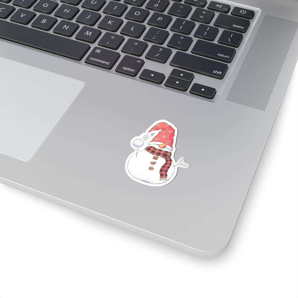 Snowman Sticker | Cozy Winter Vinyl Decal | Snowball Throwing Snowman with Red Hat & Buffalo Plaid Scarf