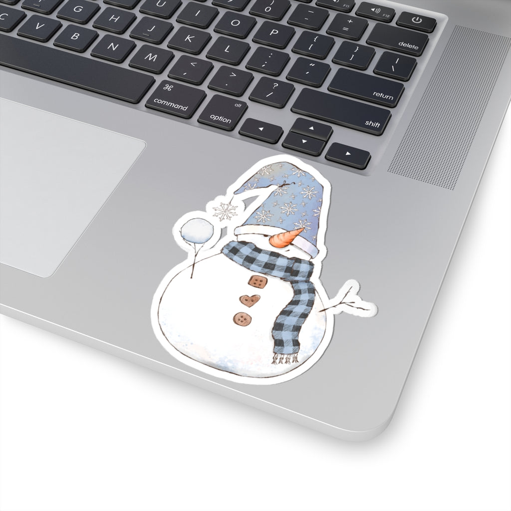 Snowman Sticker | Cozy Winter Vinyl Decal | Snowball Throwing Snowman with Blue Hat & Buffalo Plaid Scarf