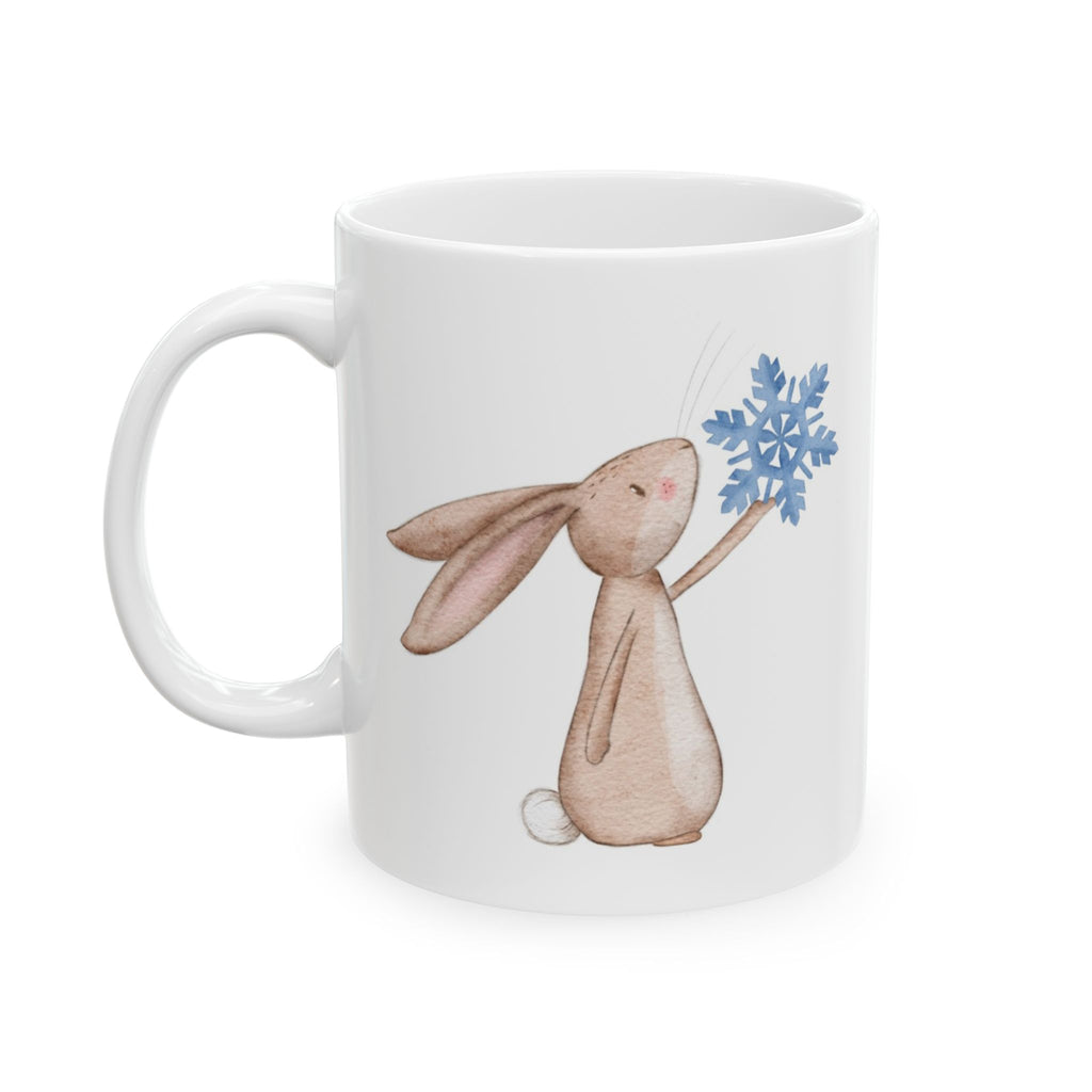 Bunny Holding Blue Snowflake Hot Cocoa Recipe Mug | Cozy Christmas Ceramic Cup | Festive Winter Drinkware