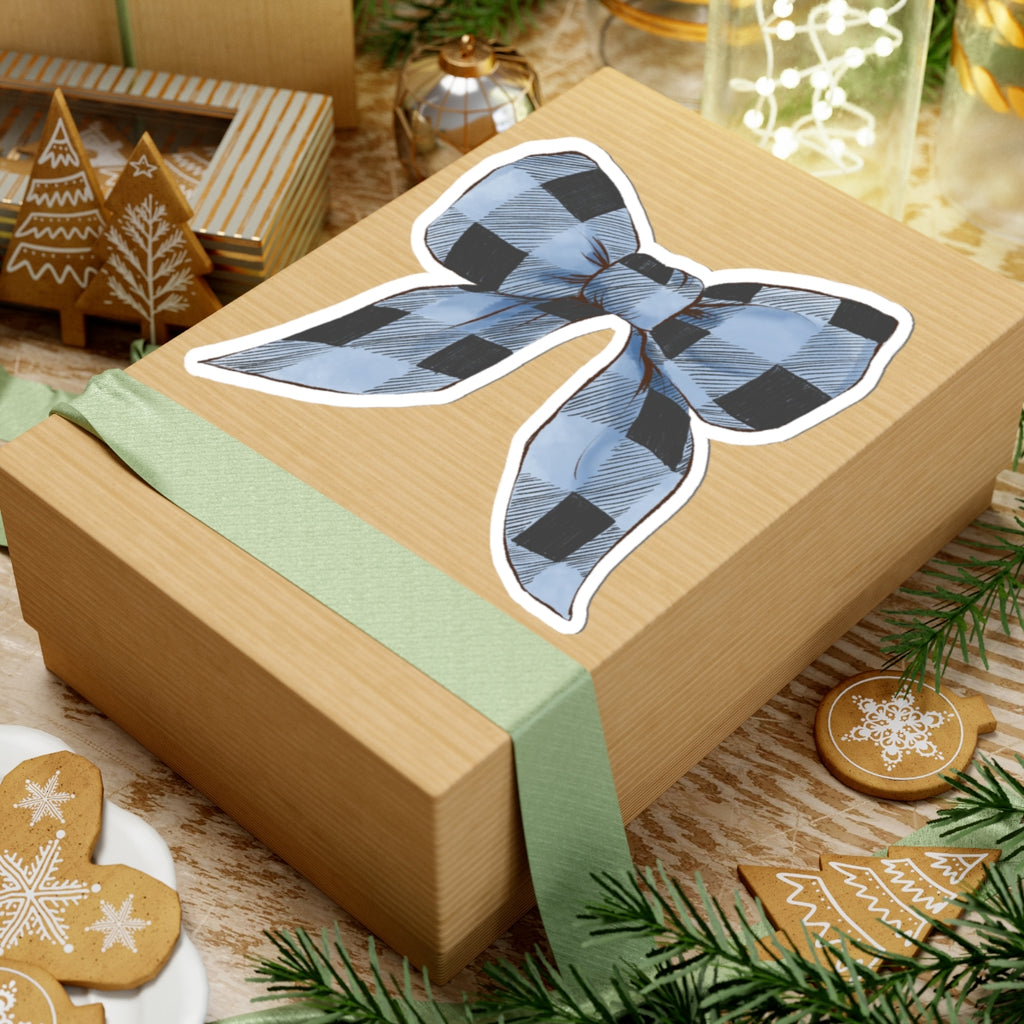 Bow Sticker | Blue Buffalo Plaid | Cozy Christmas Vinyl Decal | Festive Holiday Design