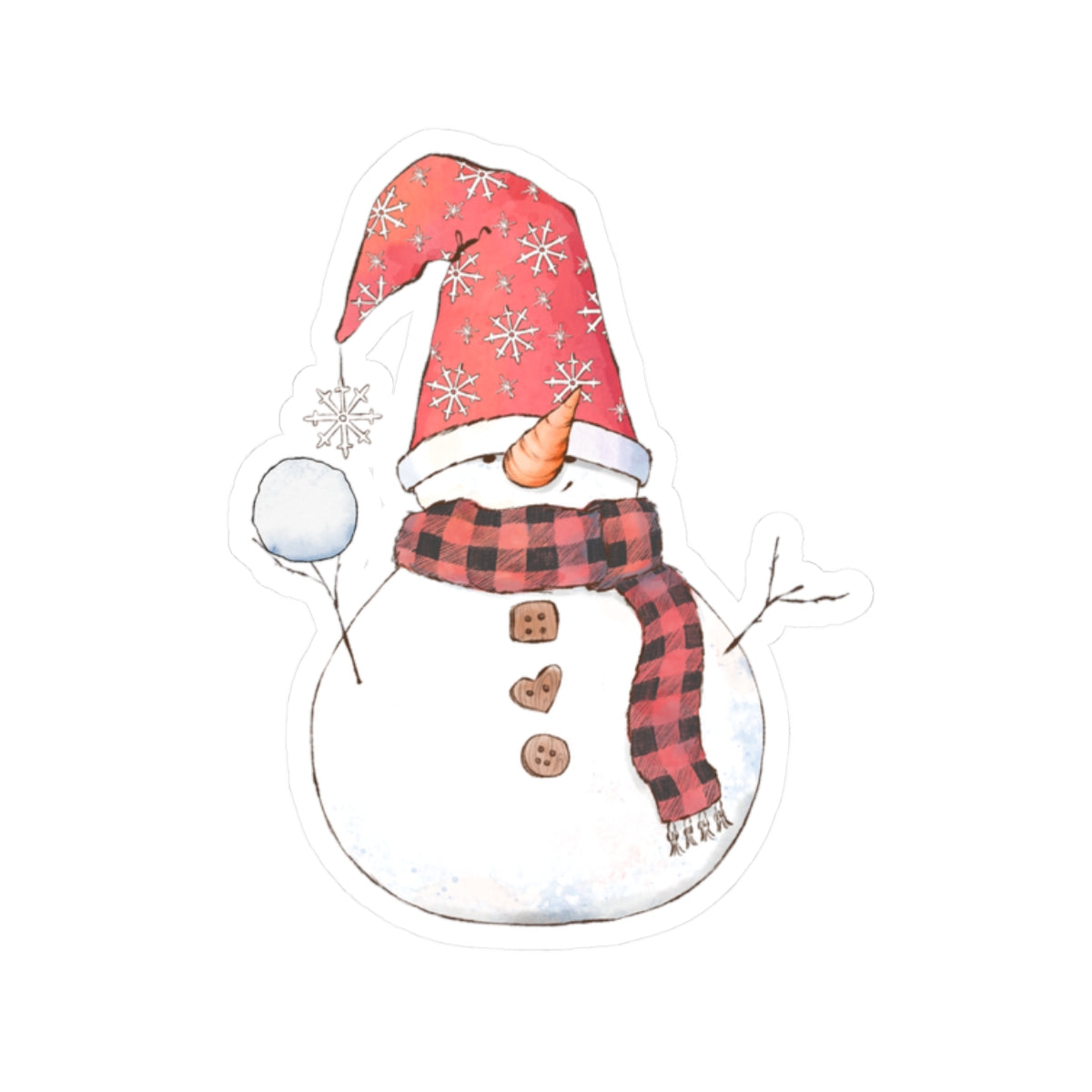 Snowman Sticker | Cozy Winter Vinyl Decal | Snowball Throwing Snowman with Red Hat & Buffalo Plaid Scarf