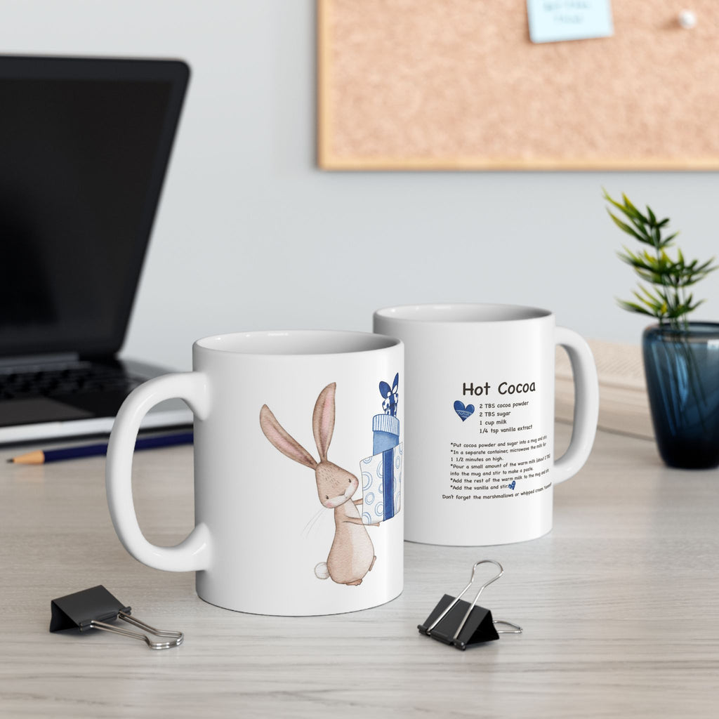 Bunny Holding Blue Presents Hot Cocoa Recipe Mug | Cozy Christmas Ceramic Cup | Festive Winter Drinkware