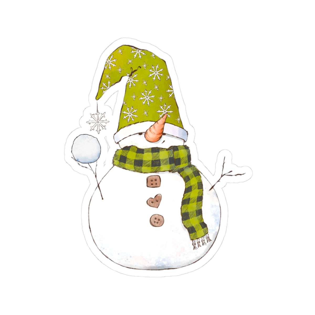 Snowman Sticker | Cozy Winter Vinyl Decal | Snowball Throwing Snowman with Green Hat & Buffalo Plaid Scarf