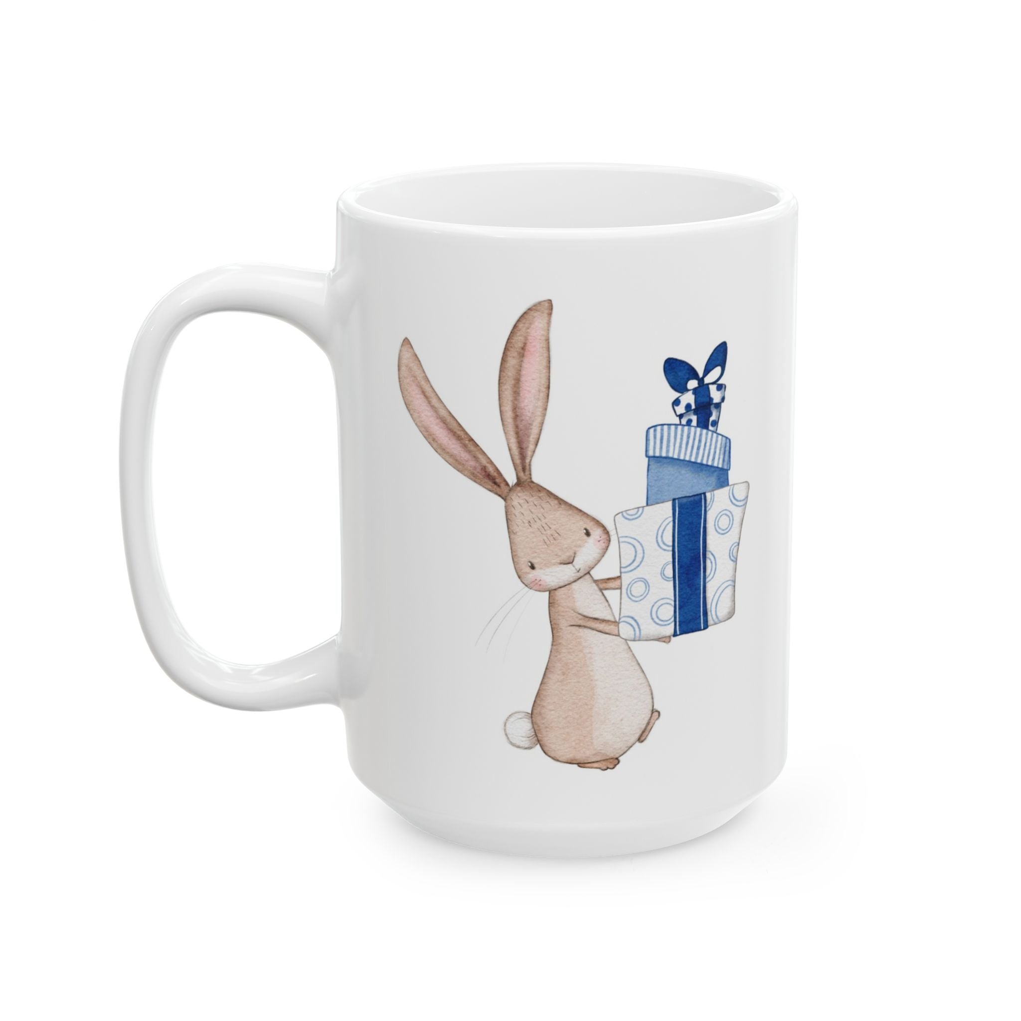 Bunny Holding Blue Presents Hot Cocoa Recipe Mug | Cozy Christmas Ceramic Cup | Festive Winter Drinkware
