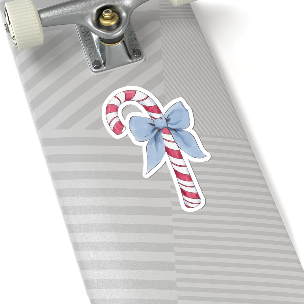 Candy Cane Sticker | Blue Bow | Cozy Christmas Vinyl Decal | Festive Holiday Design