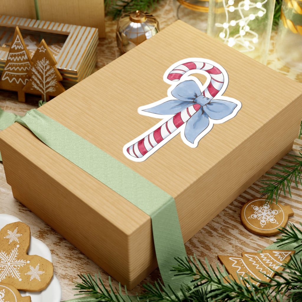Candy Cane Sticker | Blue Bow | Cozy Christmas Vinyl Decal | Festive Holiday Design