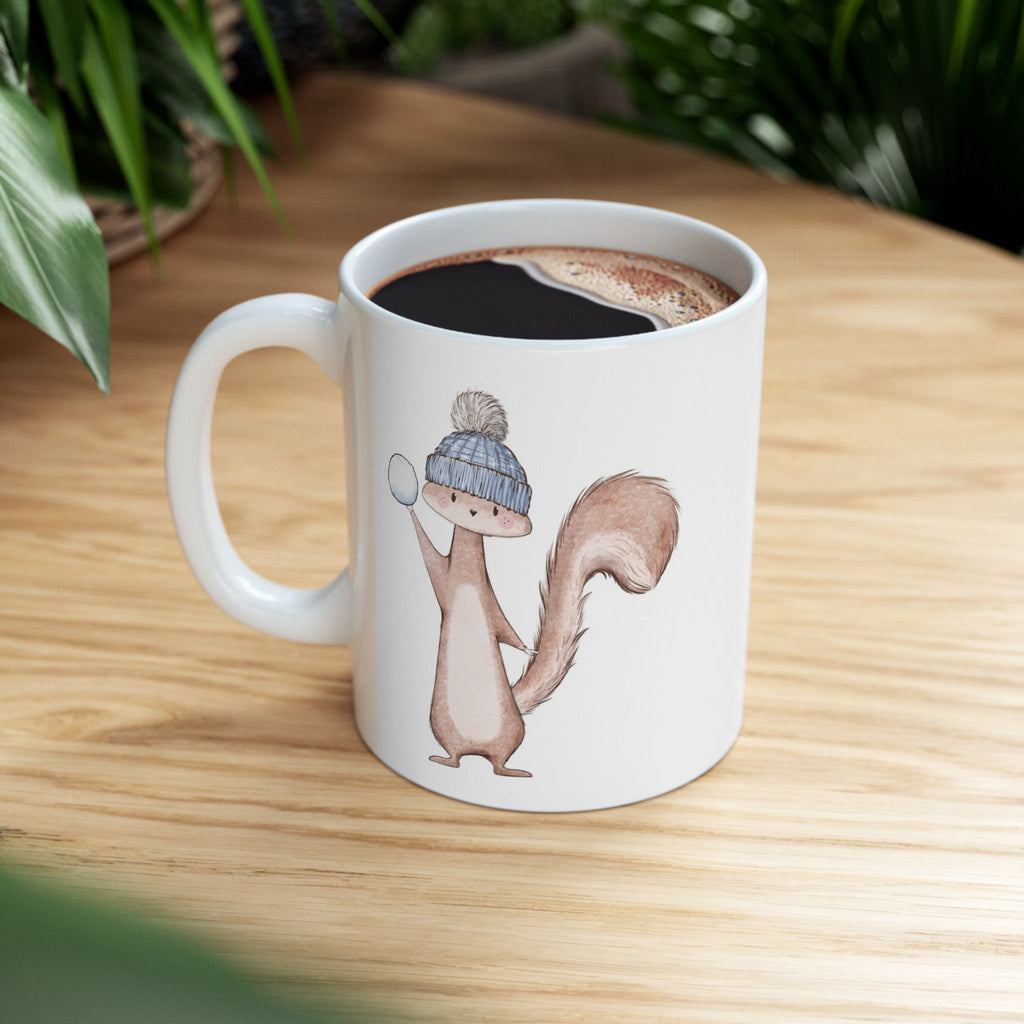 Funny Squirrel Hot Cocoa Mug | Silly Snowball Throwing Squirrel | Winter Coffee Cup with Cocoa Recipe