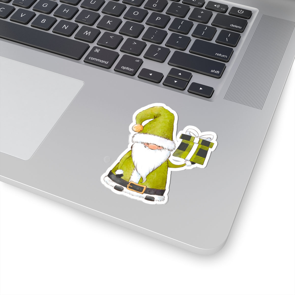 Green Santa Claus Sticker | Cozy Christmas Vinyl Decal | Festive Holiday Santa Holding Gift Design
