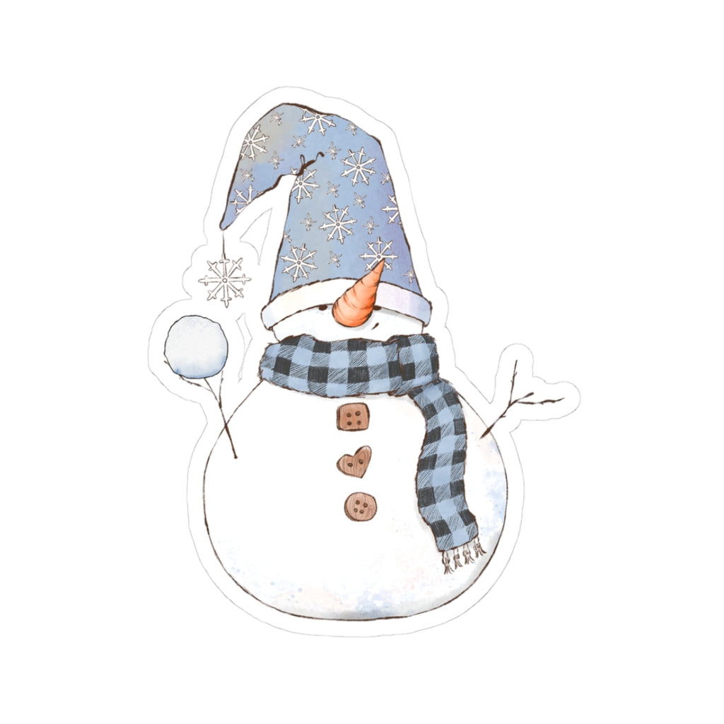 Snowman Sticker | Cozy Winter Vinyl Decal | Snowball Throwing Snowman with Blue Hat & Buffalo Plaid Scarf