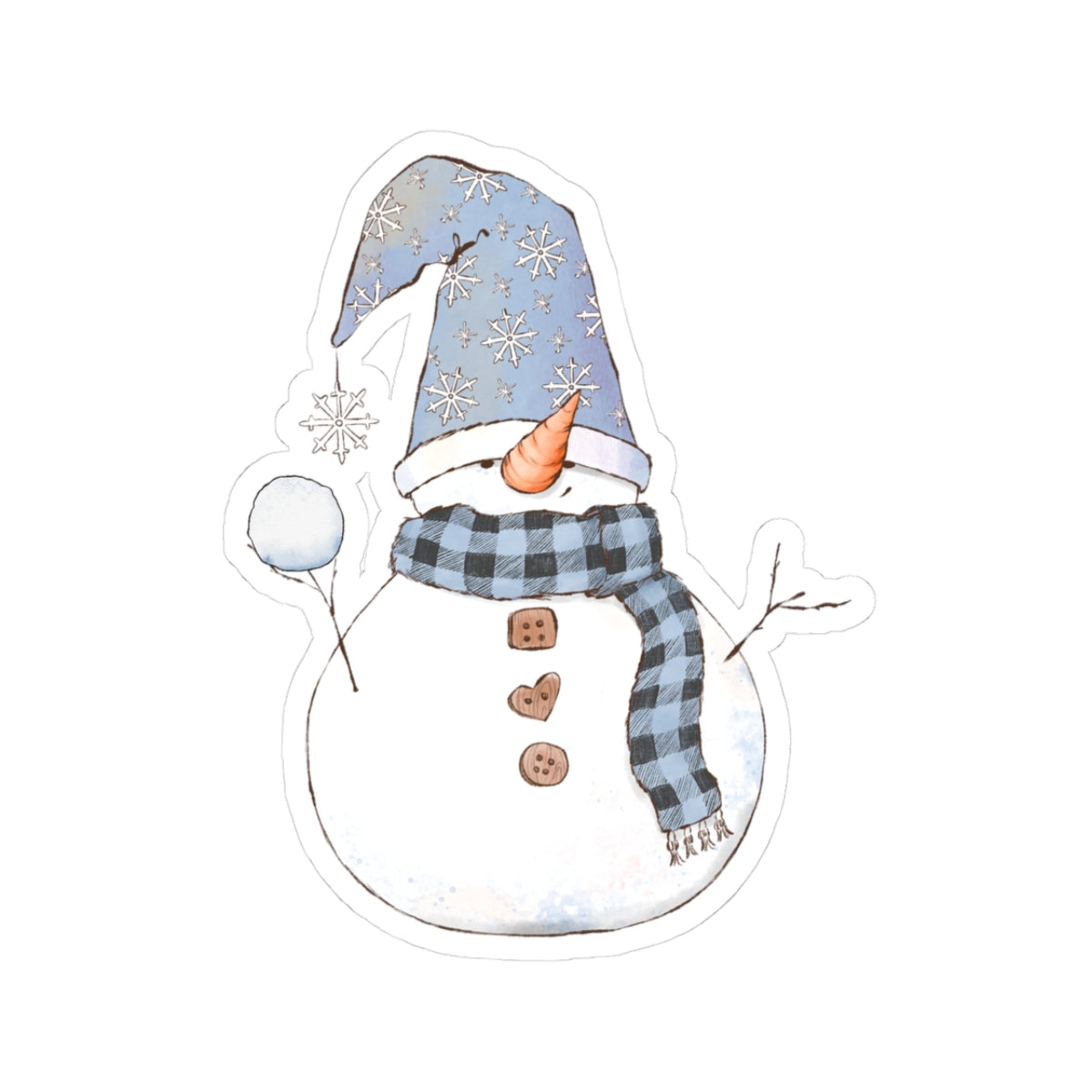 Snowman Sticker | Cozy Winter Vinyl Decal | Snowball Throwing Snowman with Blue Hat & Buffalo Plaid Scarf