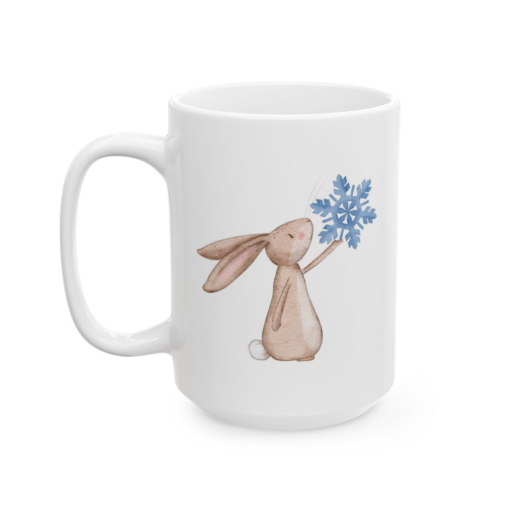 Bunny Holding Blue Snowflake Hot Cocoa Recipe Mug | Cozy Christmas Ceramic Cup | Festive Winter Drinkware