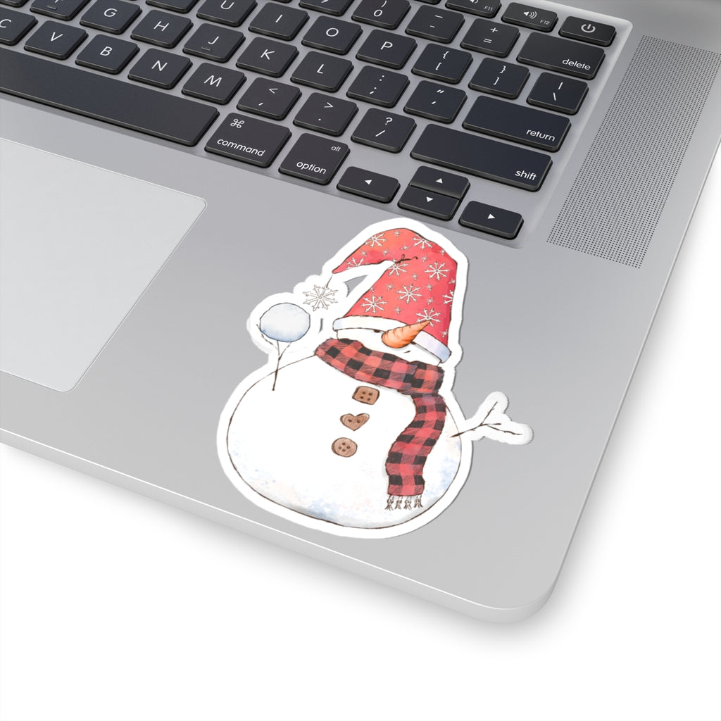 Snowman Sticker | Cozy Winter Vinyl Decal | Snowball Throwing Snowman with Red Hat & Buffalo Plaid Scarf