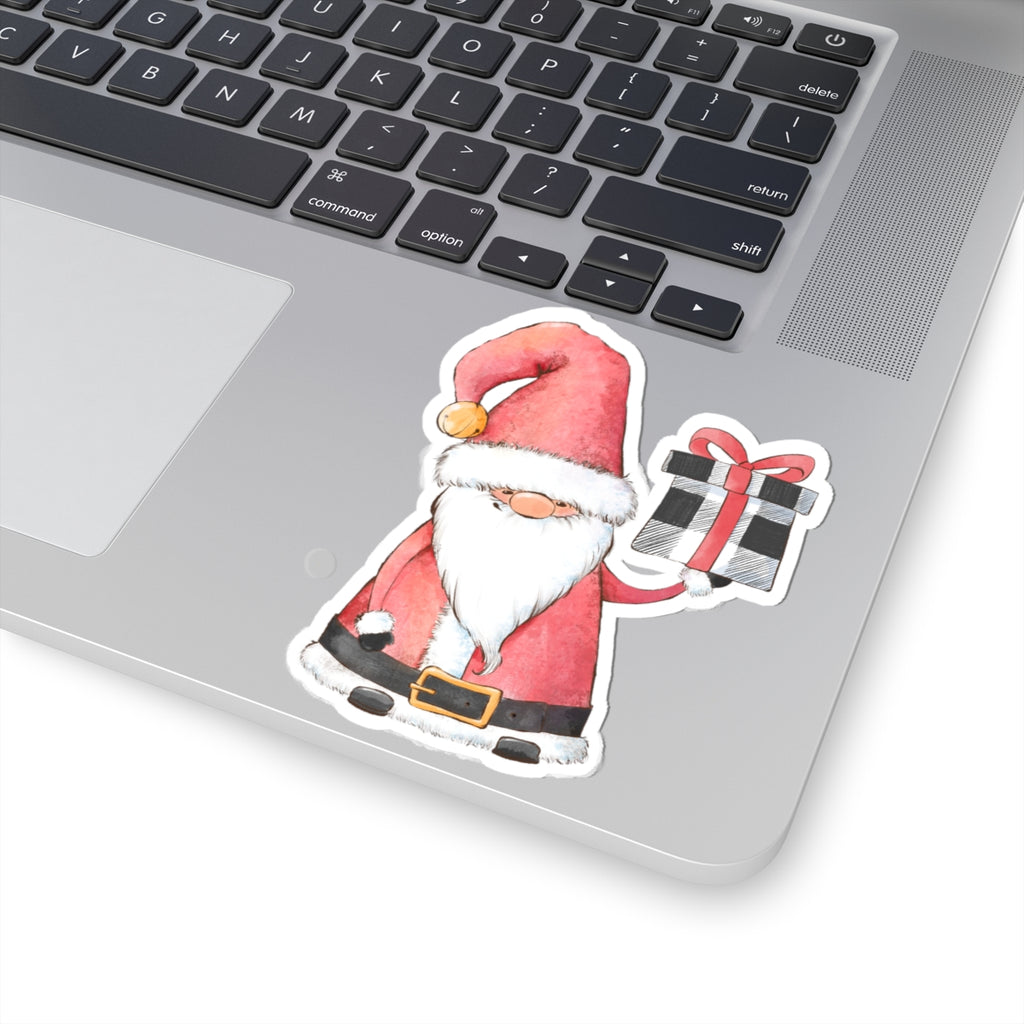 Red Santa Claus Sticker | Cozy Christmas Vinyl Decal | Festive Holiday Santa Holding Gift Design