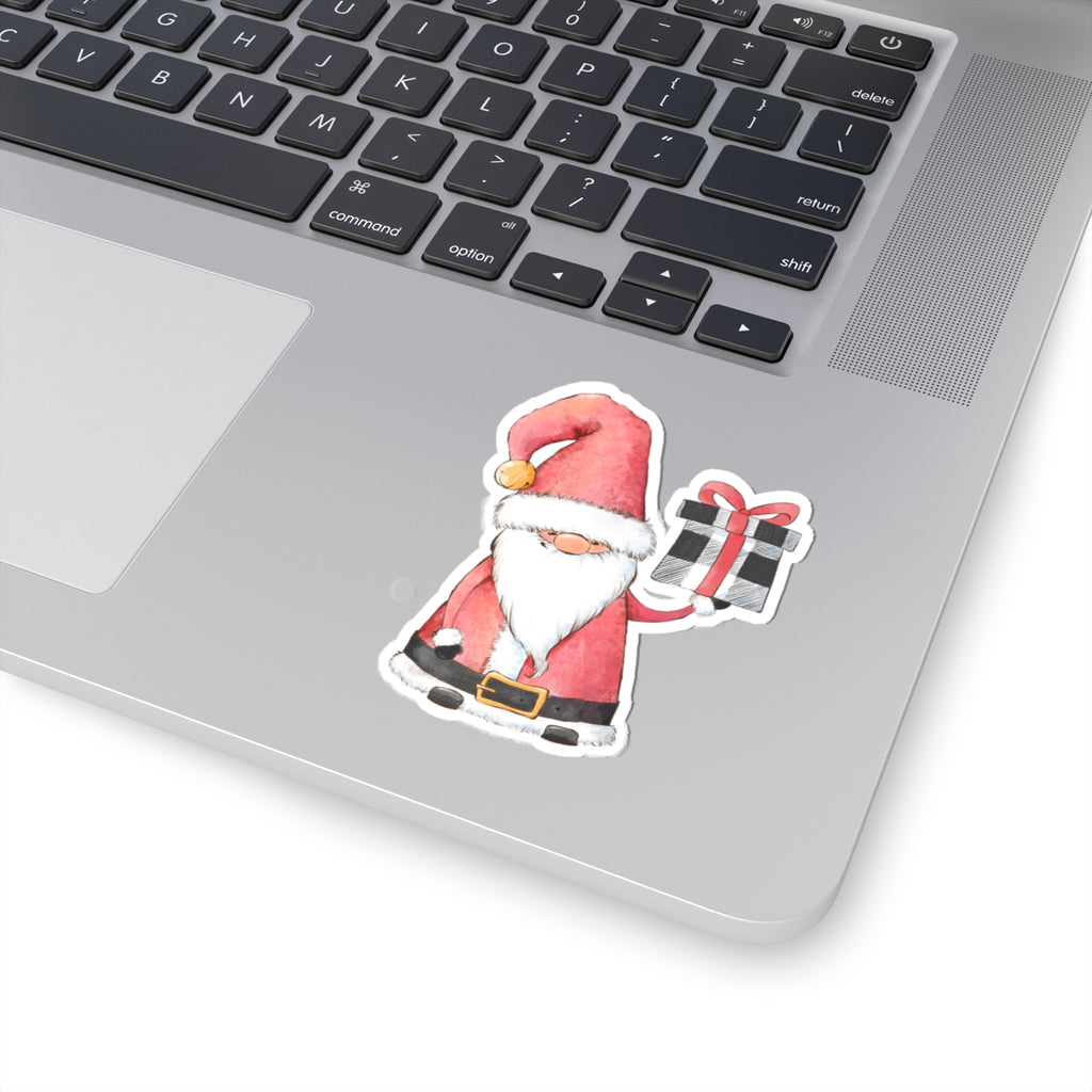 Red Santa Claus Sticker | Cozy Christmas Vinyl Decal | Festive Holiday Santa Holding Gift Design