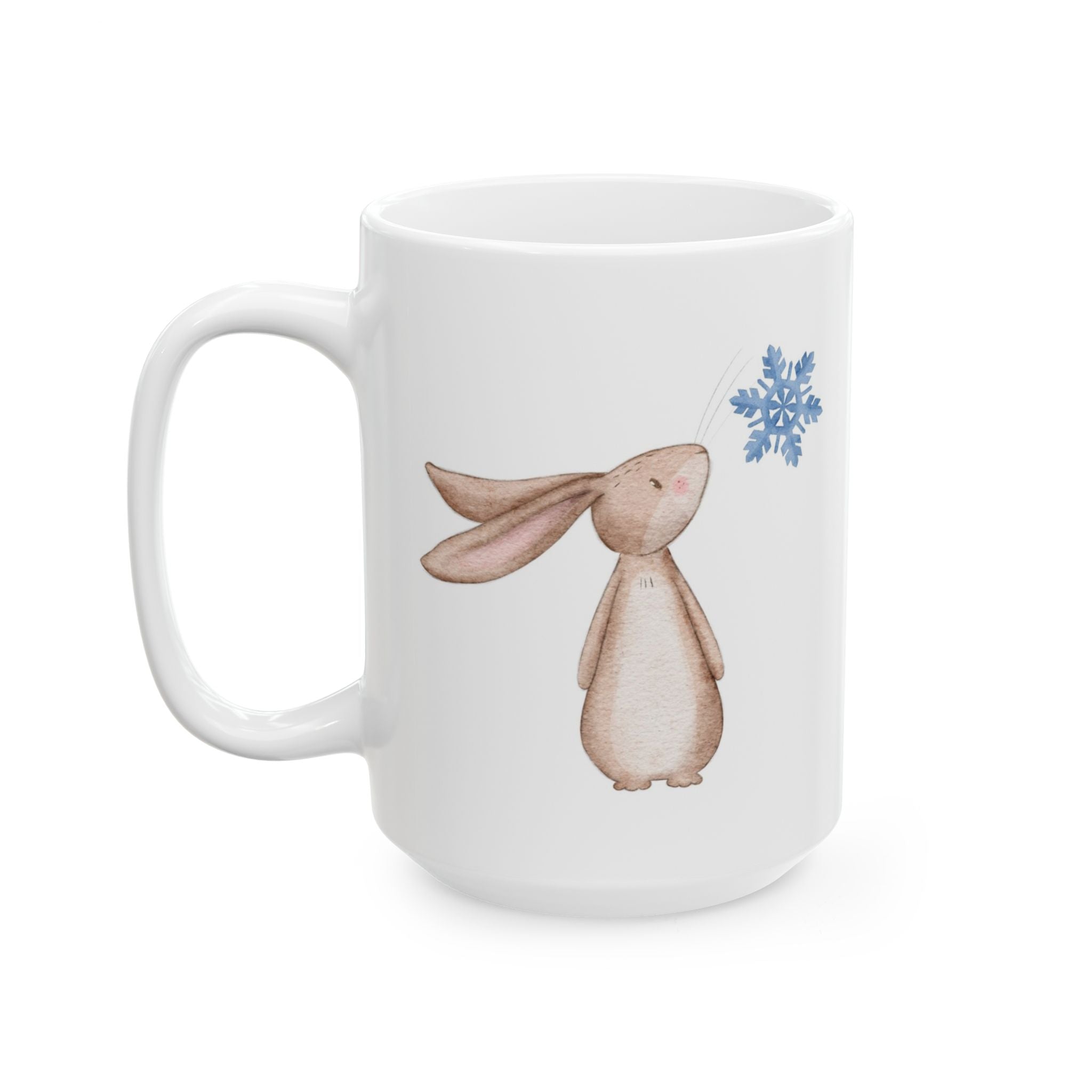 Bunny Looking at Blue Snowflake Hot Cocoa Recipe Mug | Cozy Christmas Ceramic Cup | Winter Holiday Drinkware