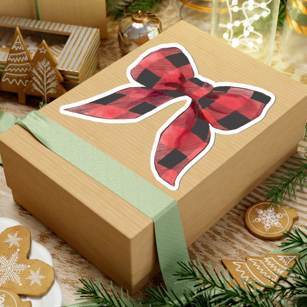 Bow Sticker | Red Buffalo Plaid | Cozy Christmas Vinyl Decal | Festive Holiday Design