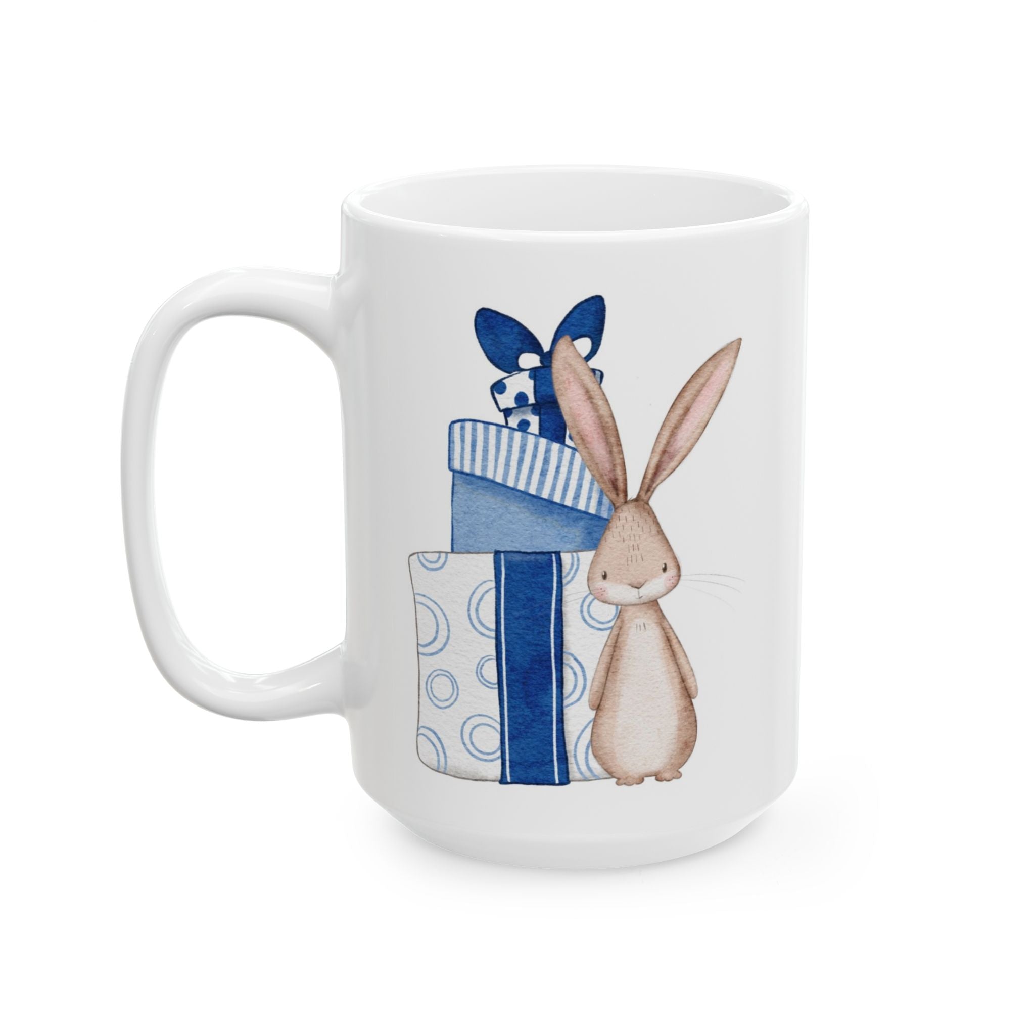 Bunny with Blue Presents Hot Cocoa Recipe Mug | Cozy Christmas Ceramic Cup | Festive Winter Drinkware