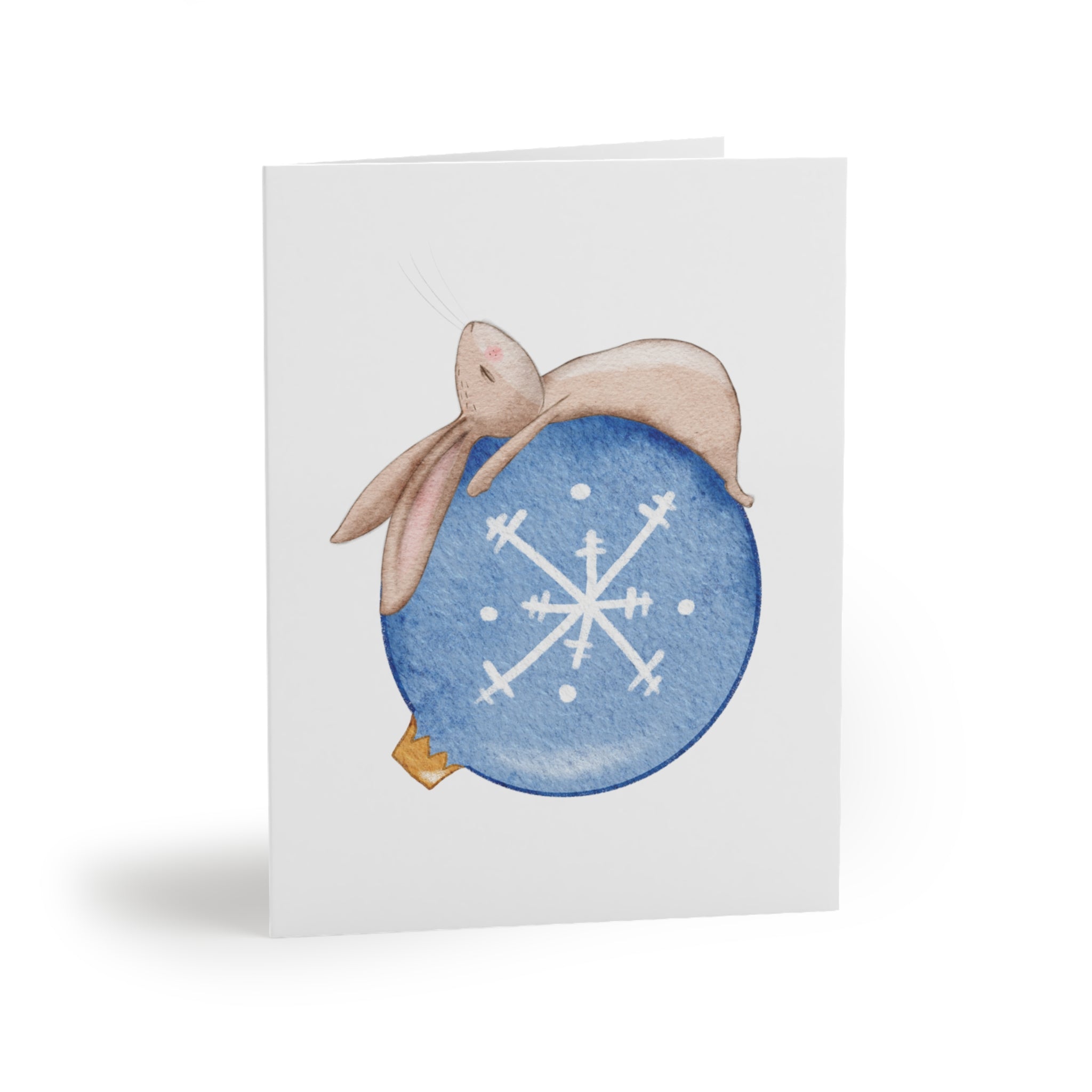 Bunny Napping on Ornament Greeting Card | Cozy Christmas Card | Woodland Winter Holiday Design