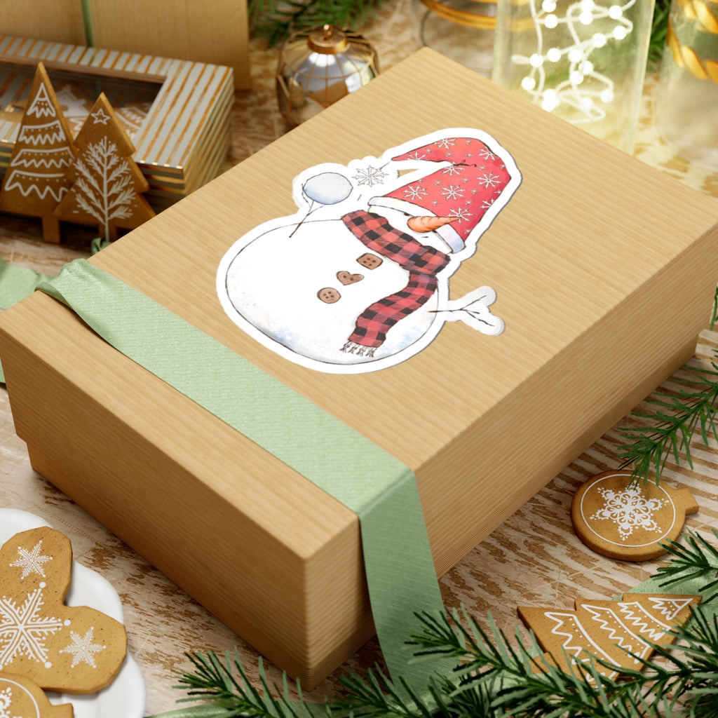 Snowman Sticker | Cozy Winter Vinyl Decal | Snowball Throwing Snowman with Red Hat & Buffalo Plaid Scarf