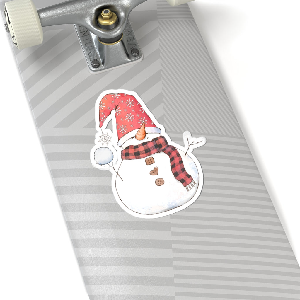 Snowman Sticker | Cozy Winter Vinyl Decal | Snowball Throwing Snowman with Red Hat & Buffalo Plaid Scarf
