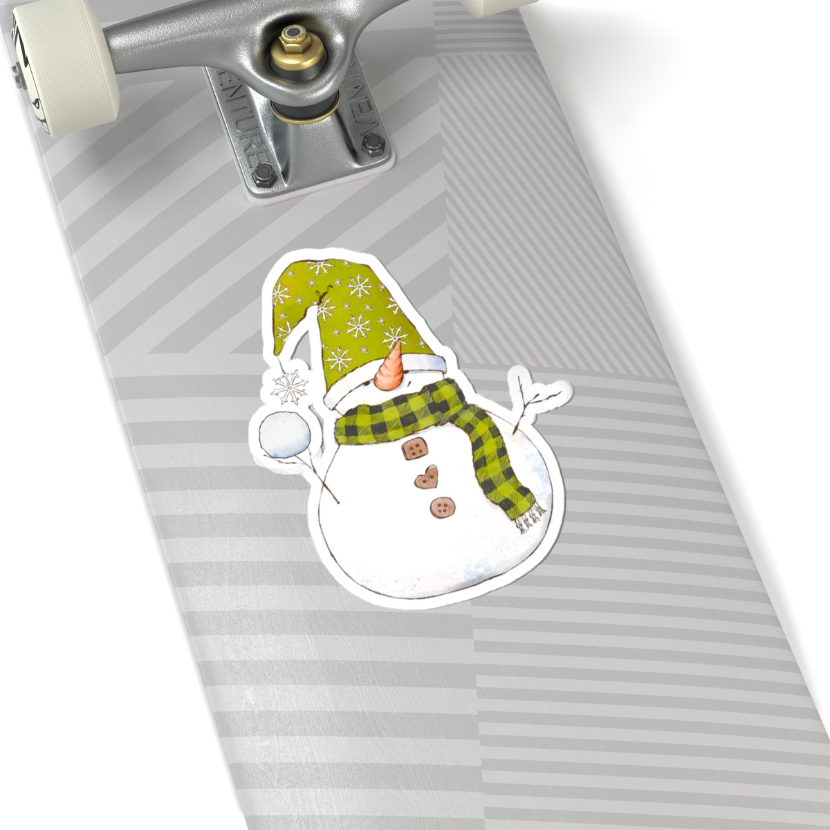 Snowman Sticker | Cozy Winter Vinyl Decal | Snowball Throwing Snowman with Green Hat & Buffalo Plaid Scarf