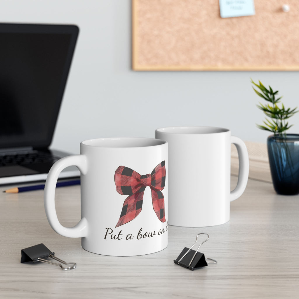 Plaid Christmas Bow Mug | ‘Put a Bow on It!’ Holiday Coffee Cup | Festive Ceramic Winter Mug