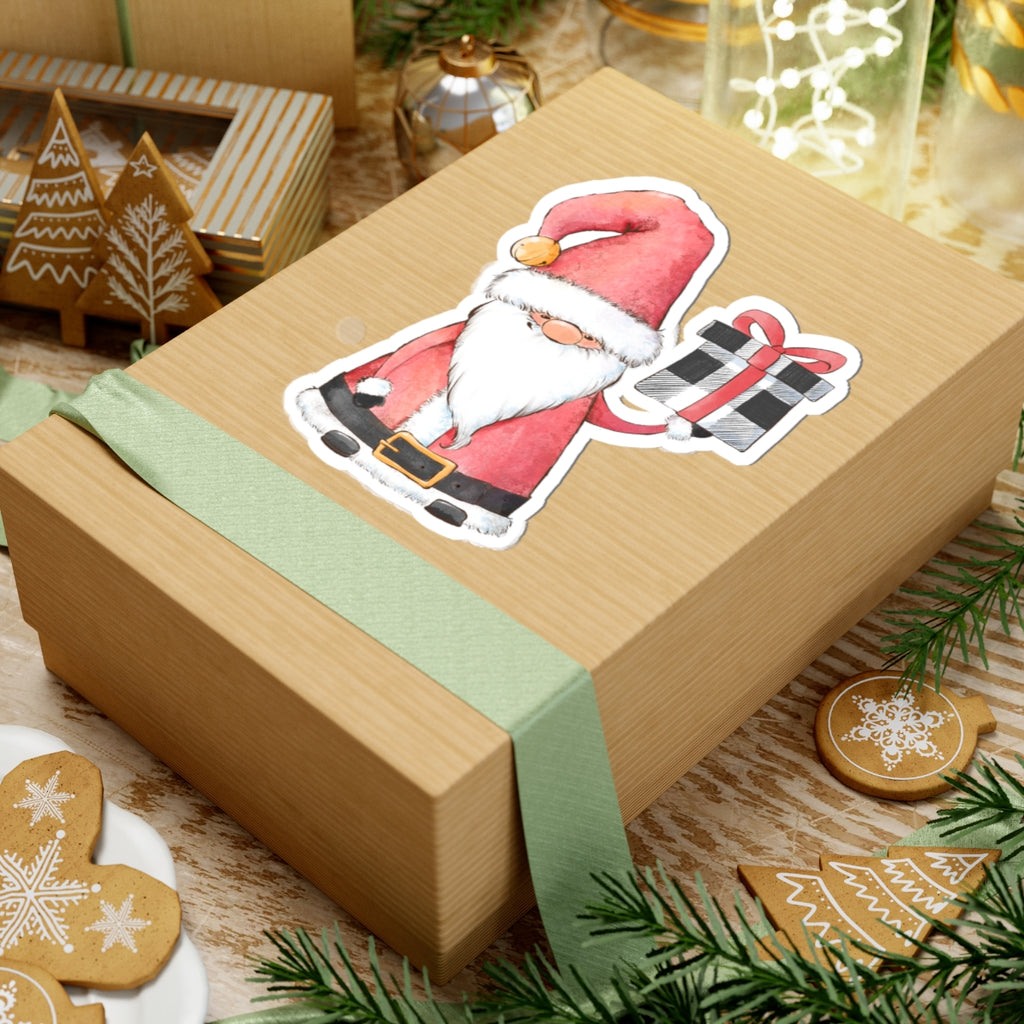 Red Santa Claus Sticker | Cozy Christmas Vinyl Decal | Festive Holiday Santa Holding Gift Design