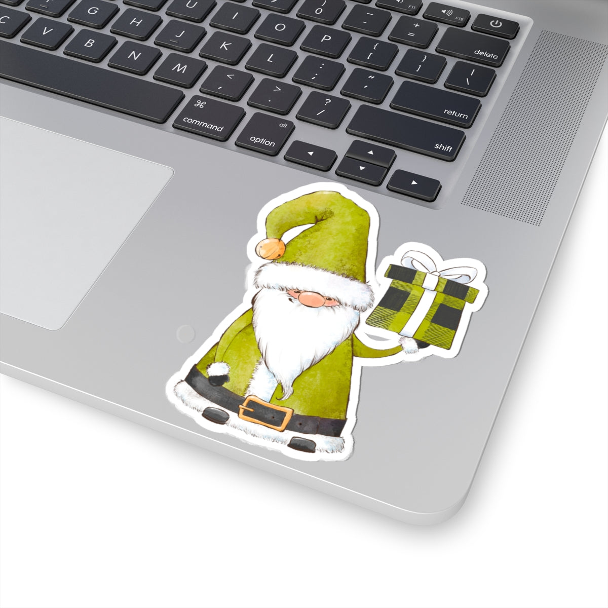 Green Santa Claus Sticker | Cozy Christmas Vinyl Decal | Festive Holiday Santa Holding Gift Design