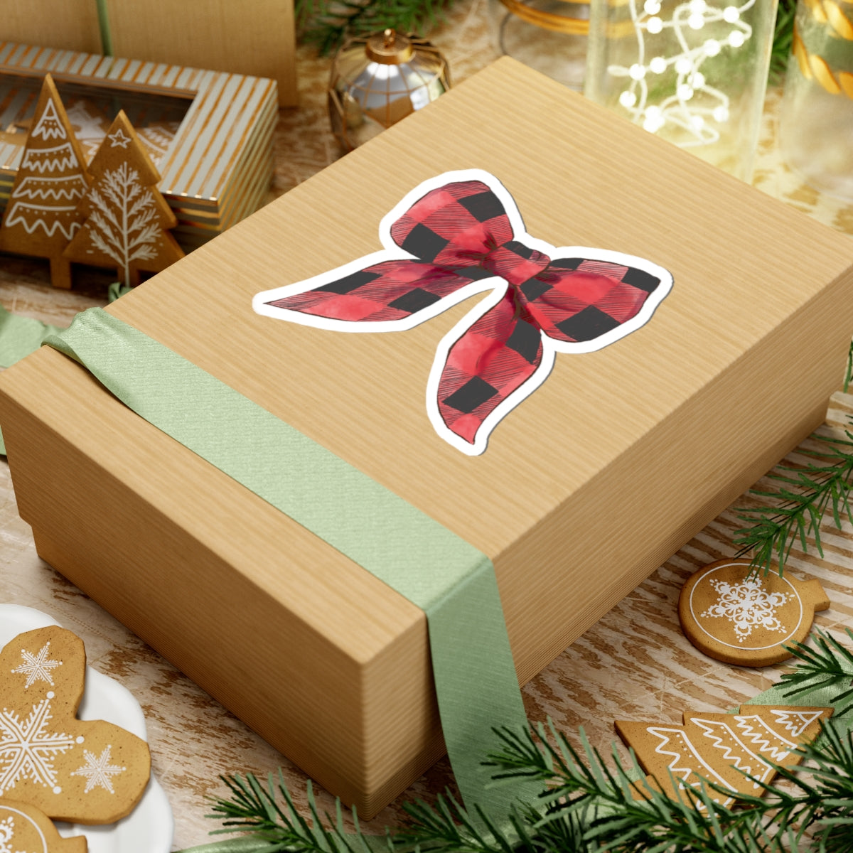 Bow Sticker | Red Buffalo Plaid | Cozy Christmas Vinyl Decal | Festive Holiday Design