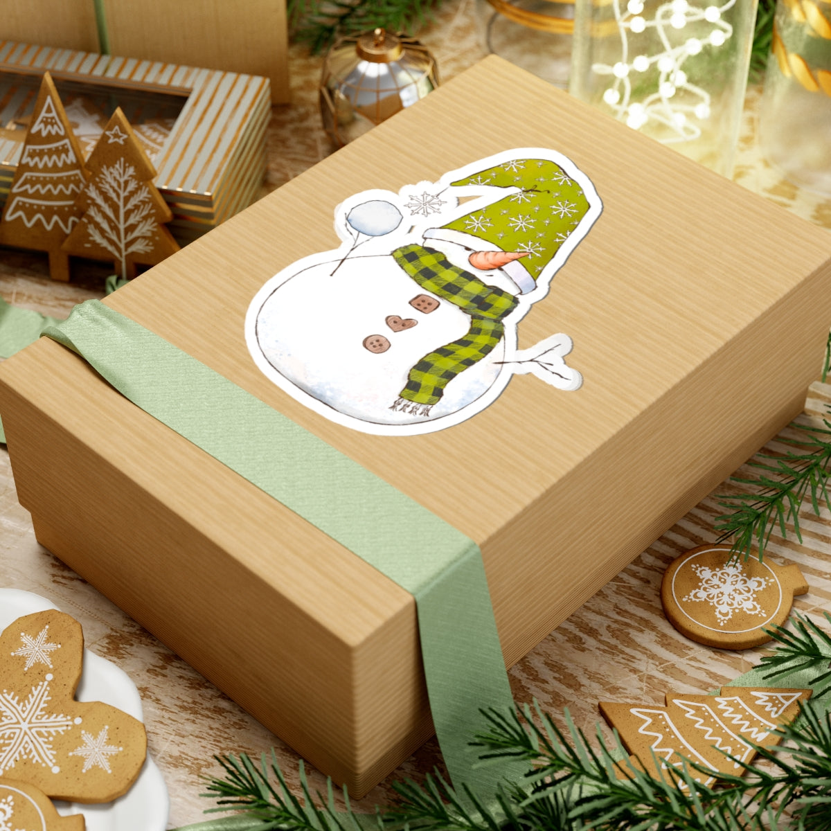 Snowman Sticker | Cozy Winter Vinyl Decal | Snowball Throwing Snowman with Green Hat & Buffalo Plaid Scarf