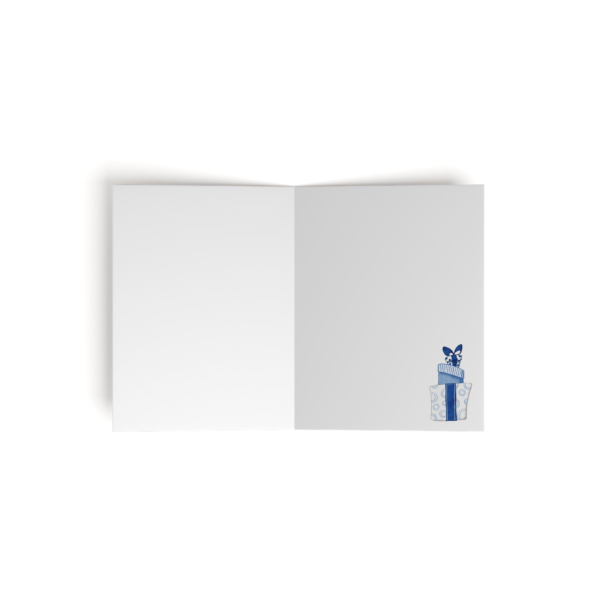 Bunny with Blue Presents Greeting Card | Cozy Christmas Card | Woodland Winter Holiday Design