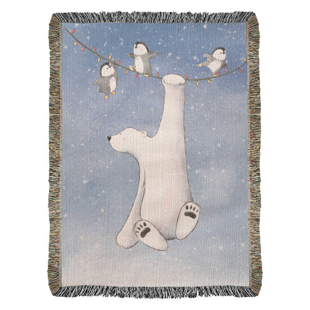 Polar Bear and Penguins Woven Blanket | Cozy Christmas Throw | Hanging on Lights Festive Winter Decor