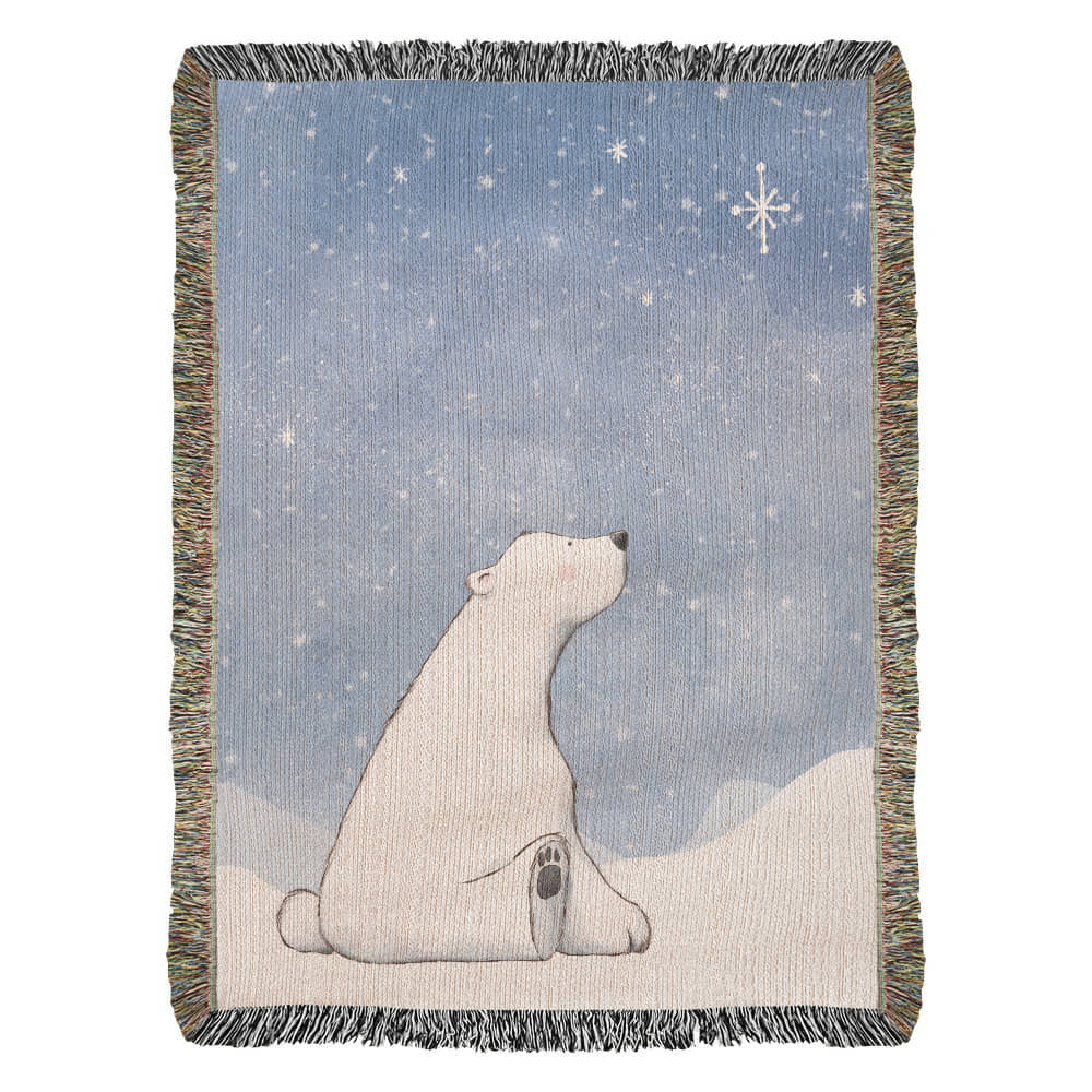 Polar Bear Woven Blanket | Cozy Winter Throw | Sitting in Snow Under Starry Night | Festive Holiday Home Decor
