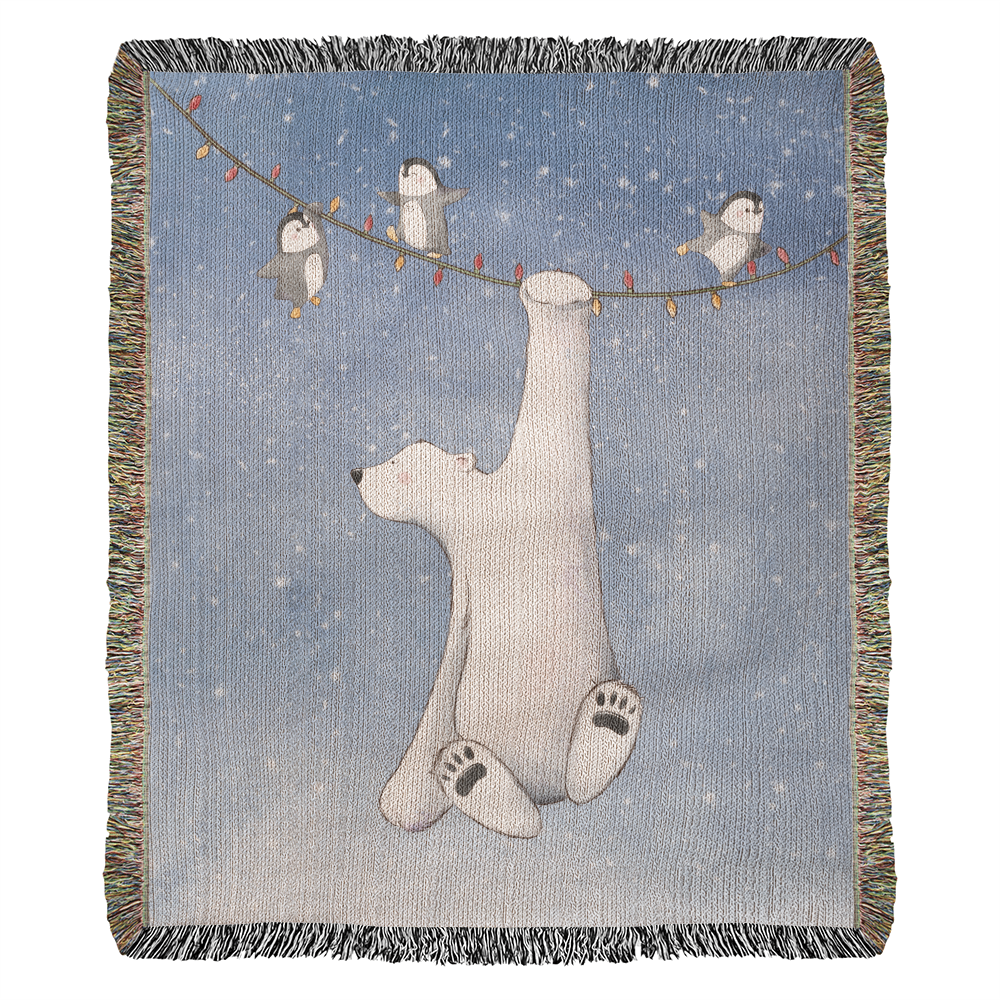 Polar Bear and Penguins Woven Blanket | Cozy Christmas Throw | Hanging on Lights Festive Winter Decor