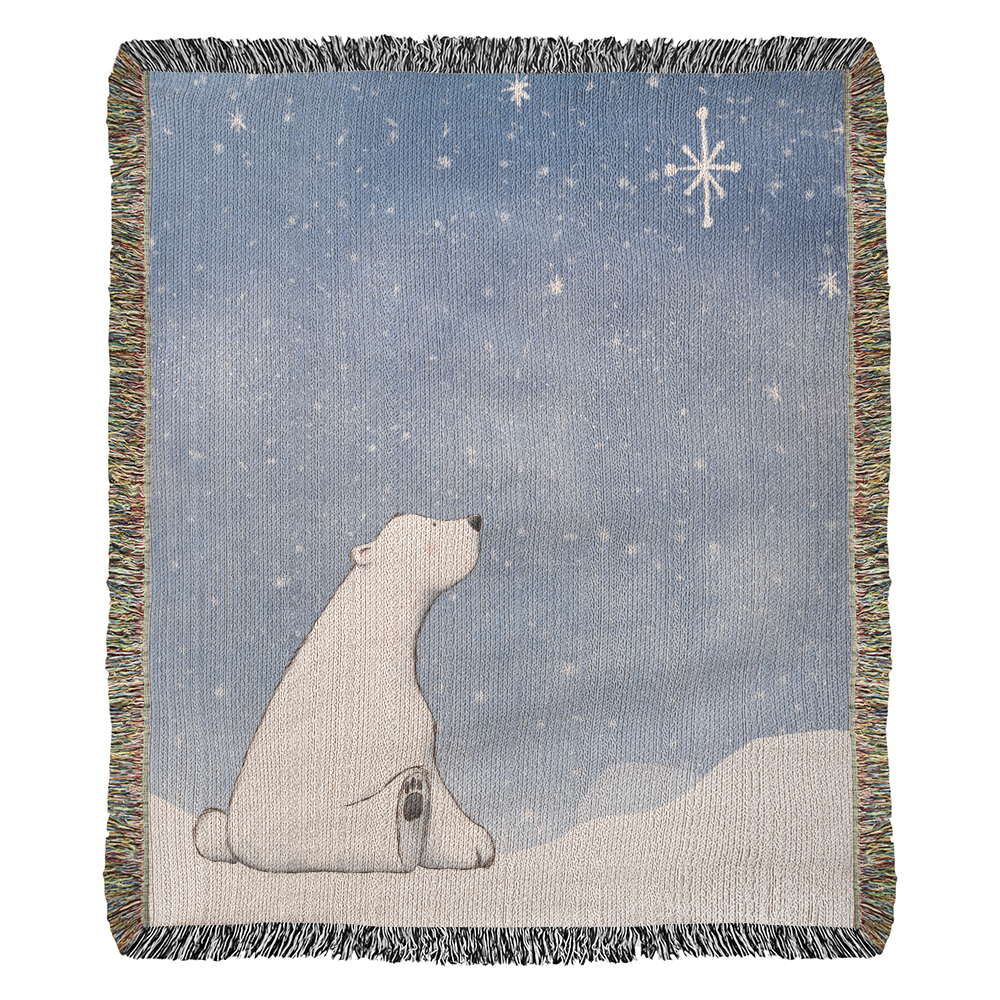 Polar Bear Woven Blanket | Cozy Winter Throw | Sitting in Snow Under Starry Night | Festive Holiday Home Decor