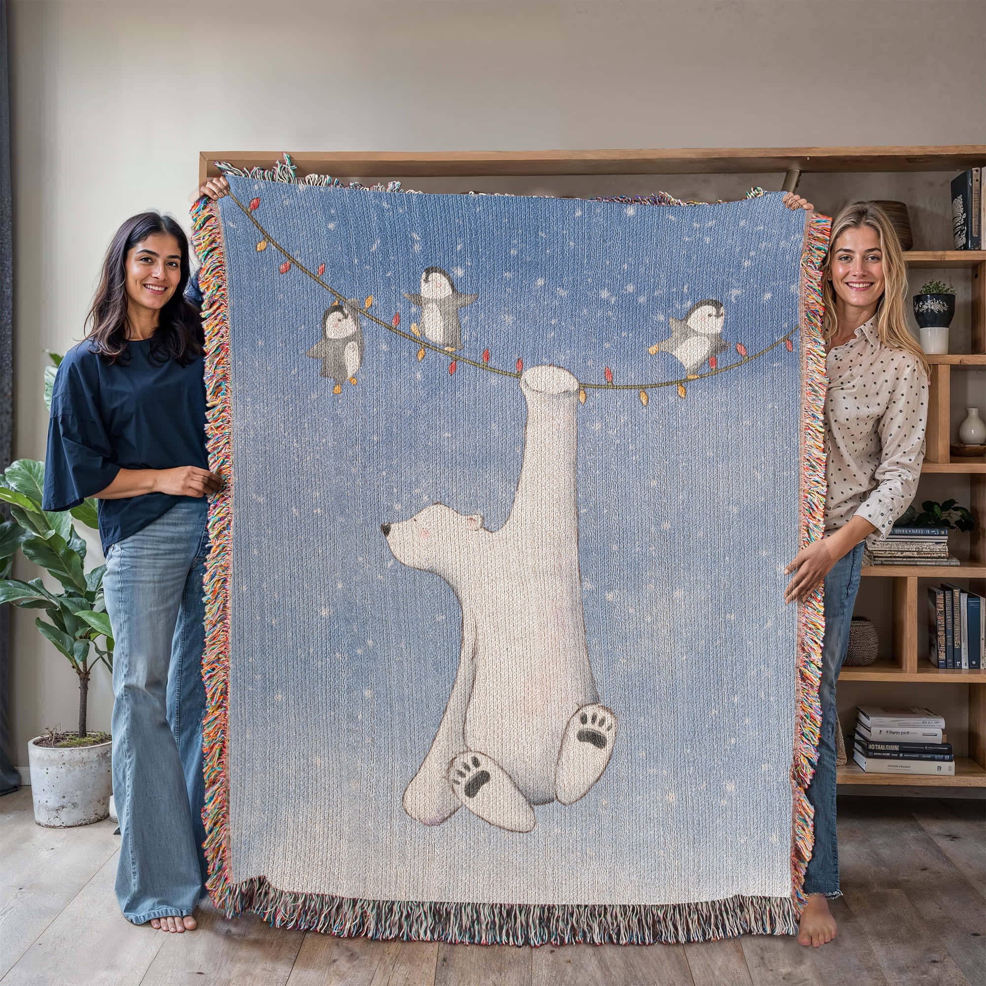 Polar Bear and Penguins Woven Blanket | Cozy Christmas Throw | Hanging on Lights Festive Winter Decor