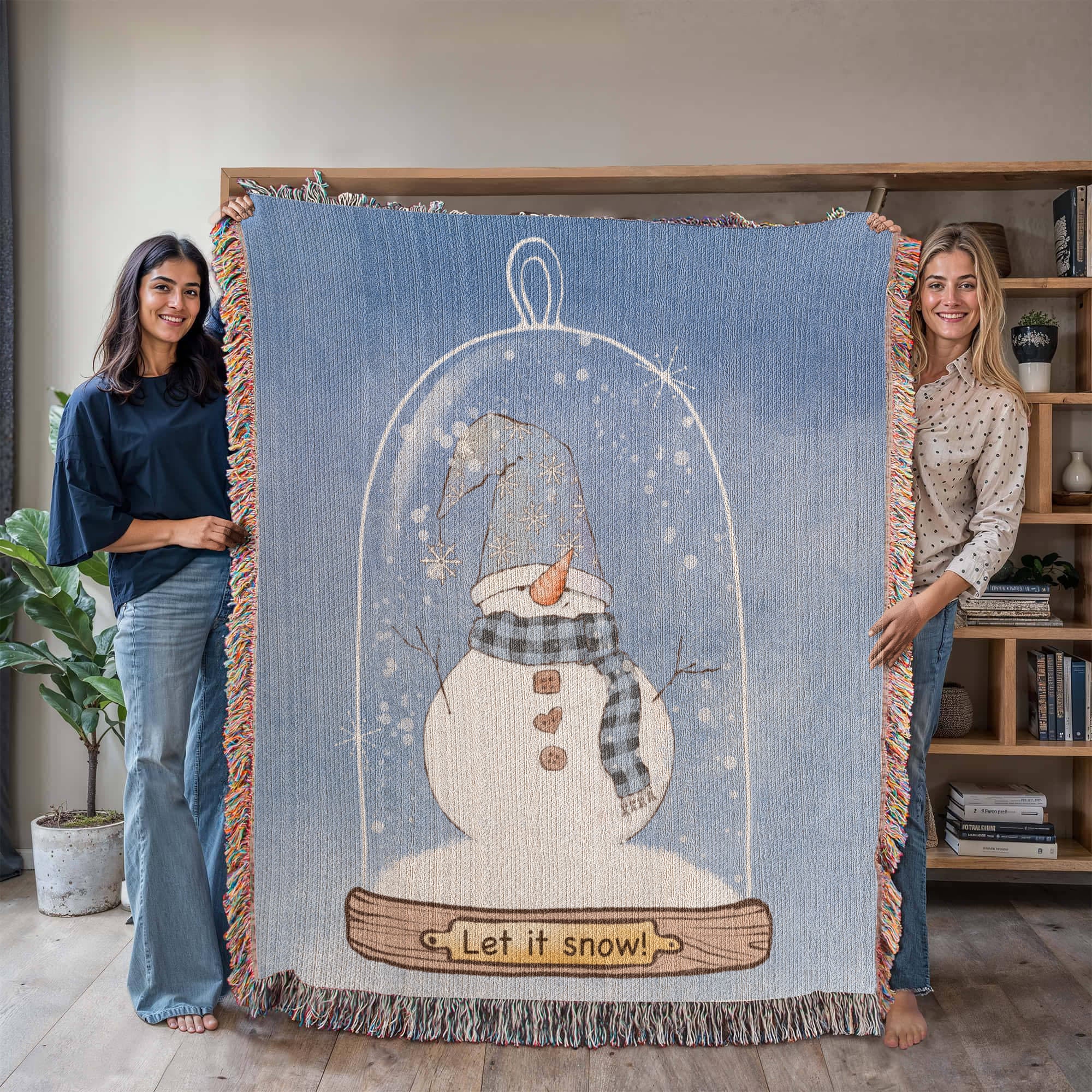 Snowman Snow Globe Woven Blanket | ‘Let It Snow’ Cozy Winter Throw | Festive Holiday Home Decor