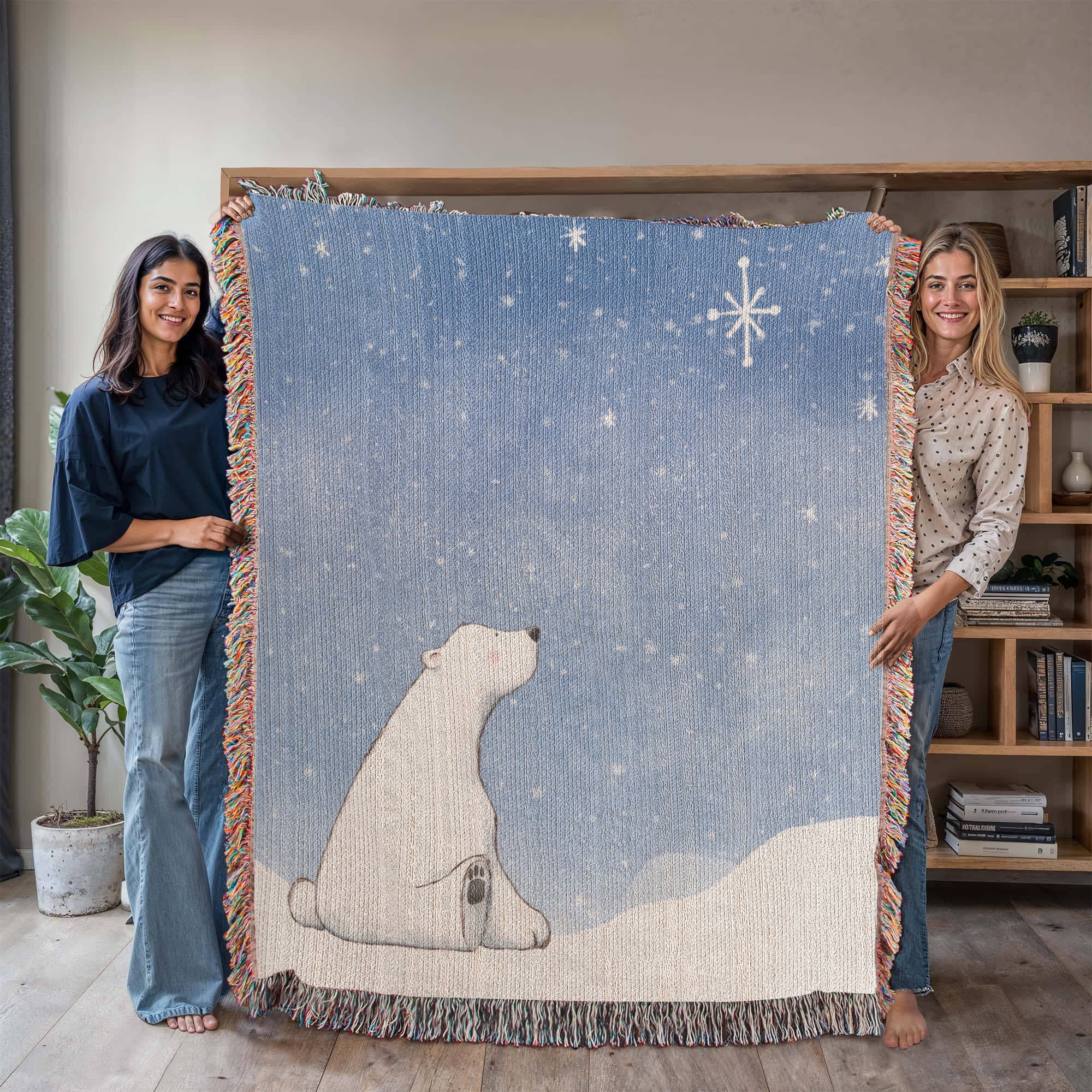 Polar Bear Woven Blanket | Cozy Winter Throw | Sitting in Snow Under Starry Night | Festive Holiday Home Decor